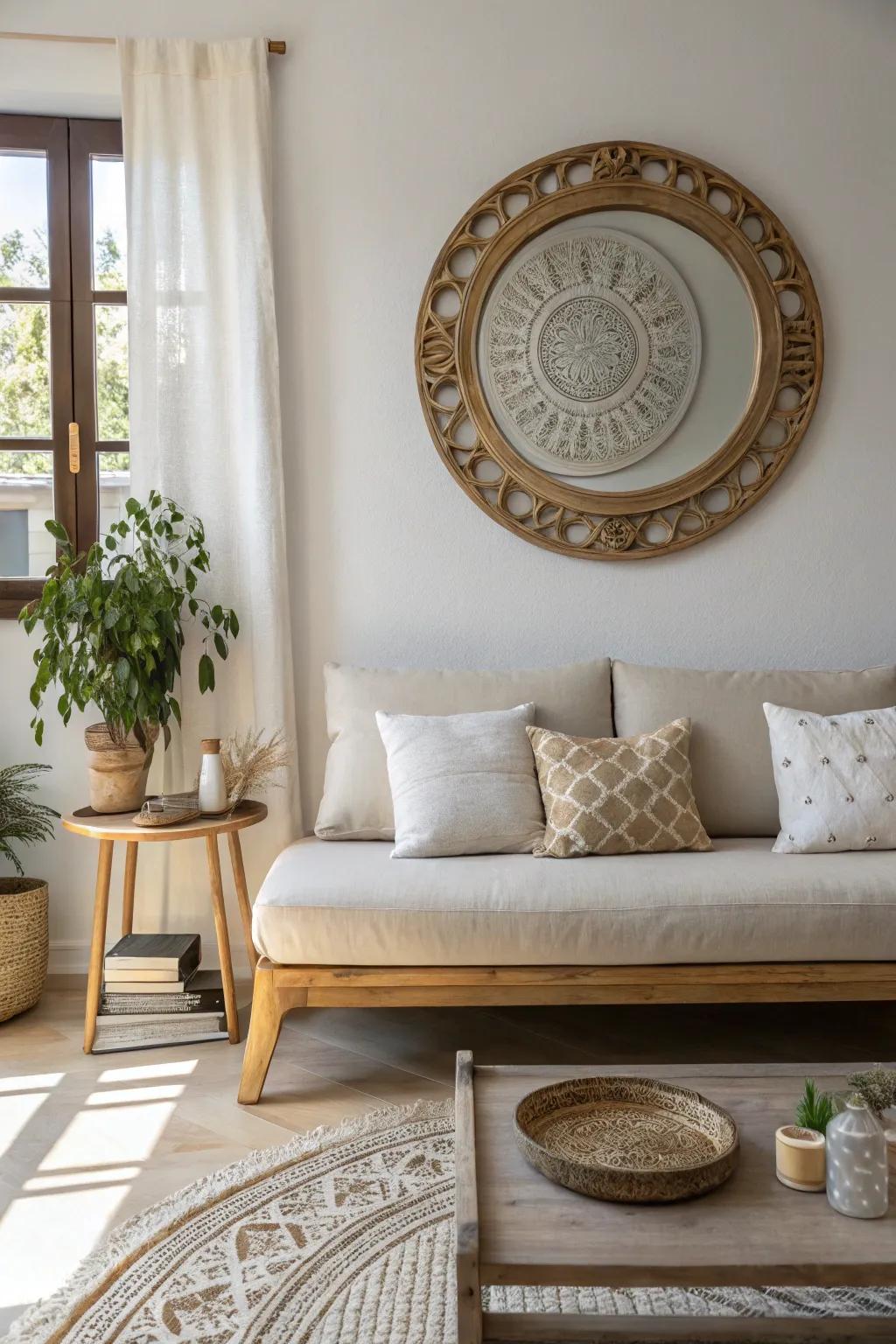 Add artistic flair with a beautifully etched mirror above your couch.