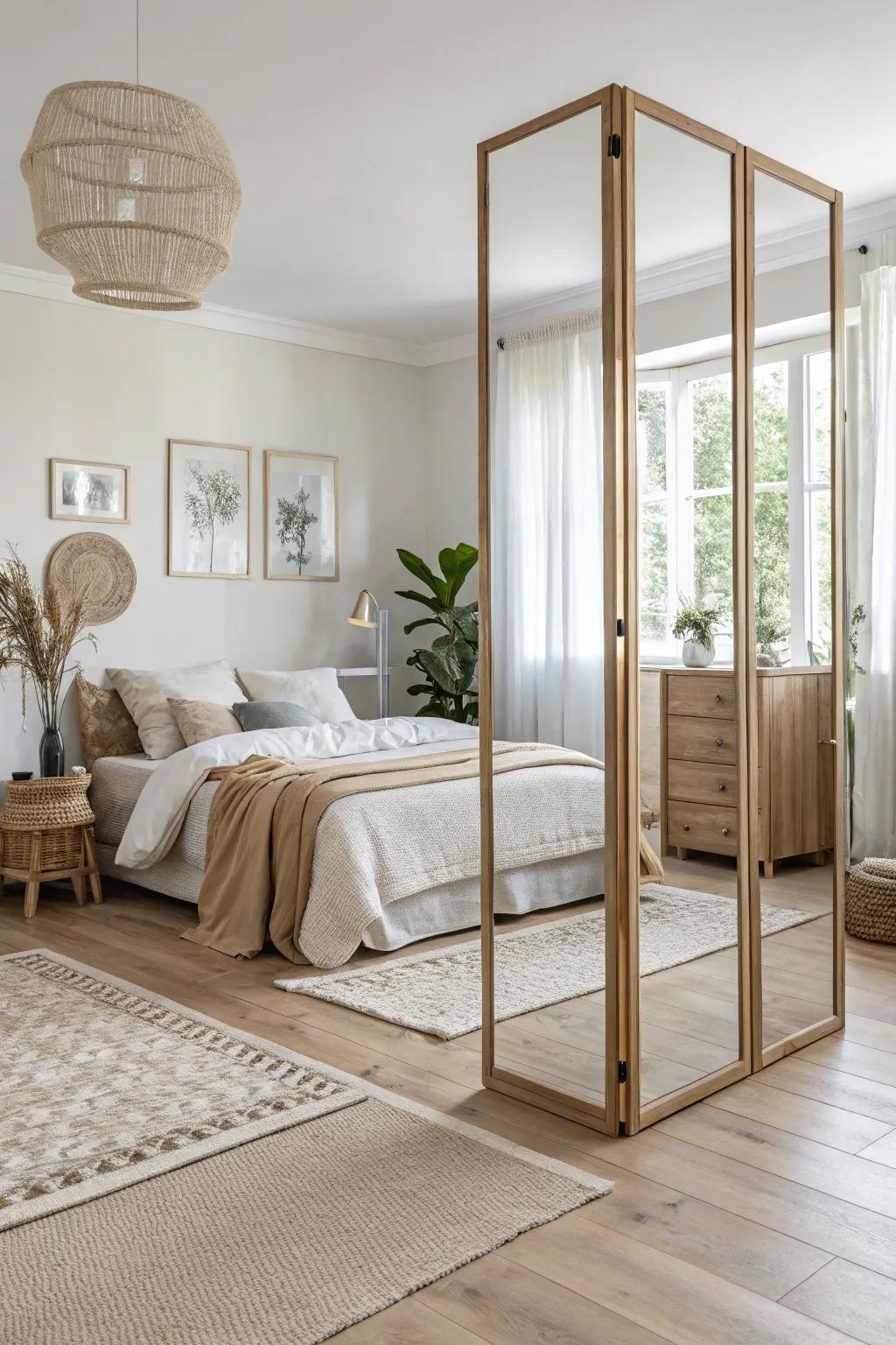 Mirrored room dividers elegantly split spaces, adding functionality and visual interest.