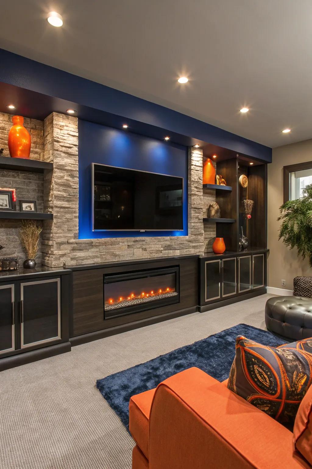 A fireplace media wall adds a cozy yet sophisticated touch to your TV room.