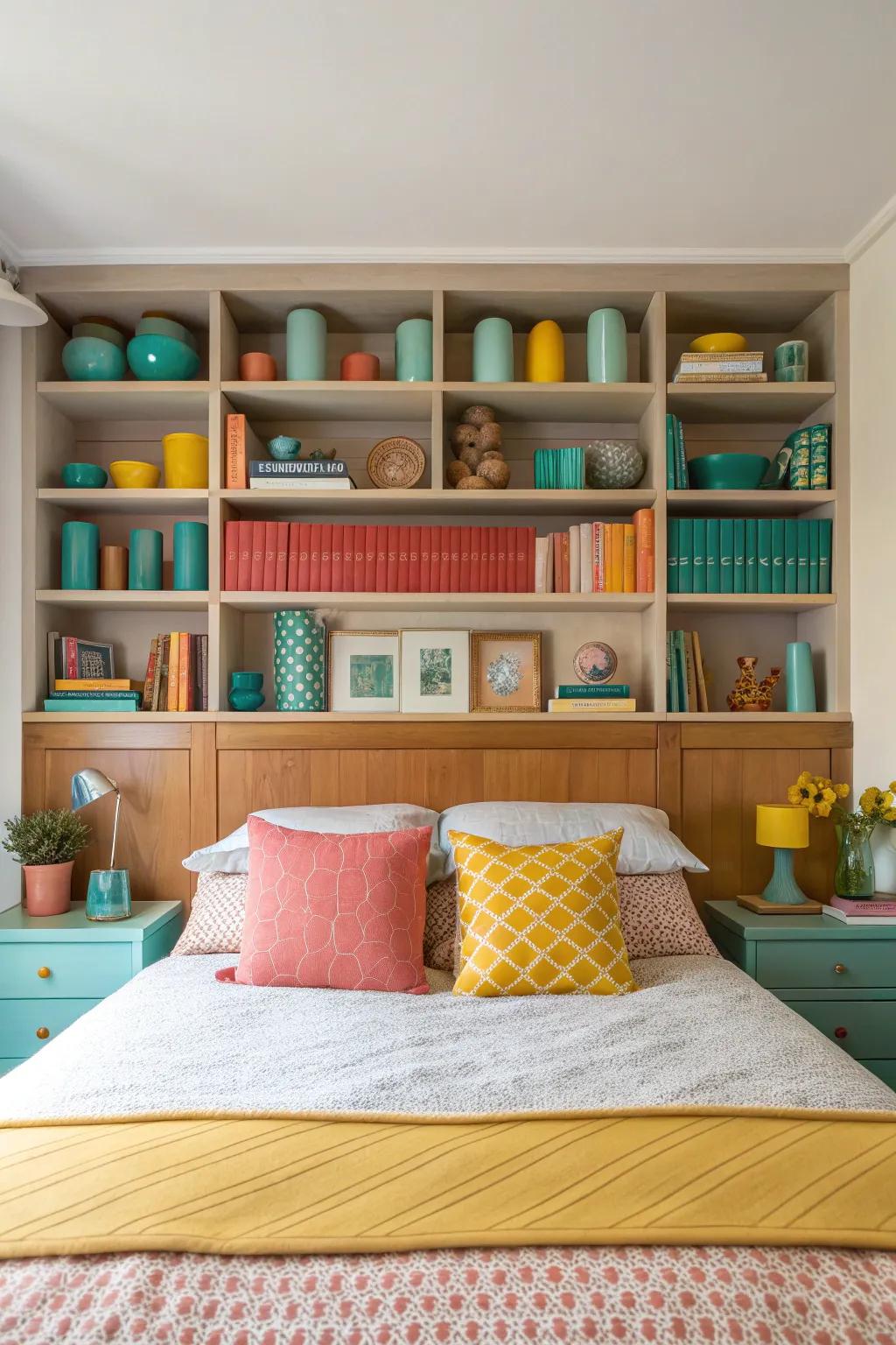 Open shelving bridges create cohesion and balance in bedroom storage. 🛏️📚 #Harmony #StorageDesign