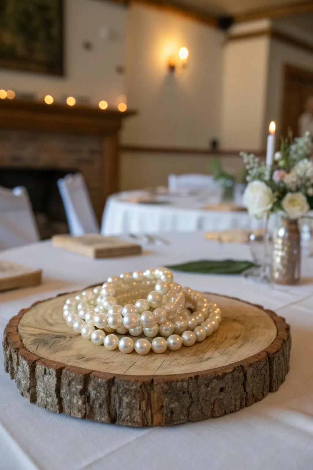 Achieve rustic chic elegance with pearls and wooden elements for a cozy atmosphere.