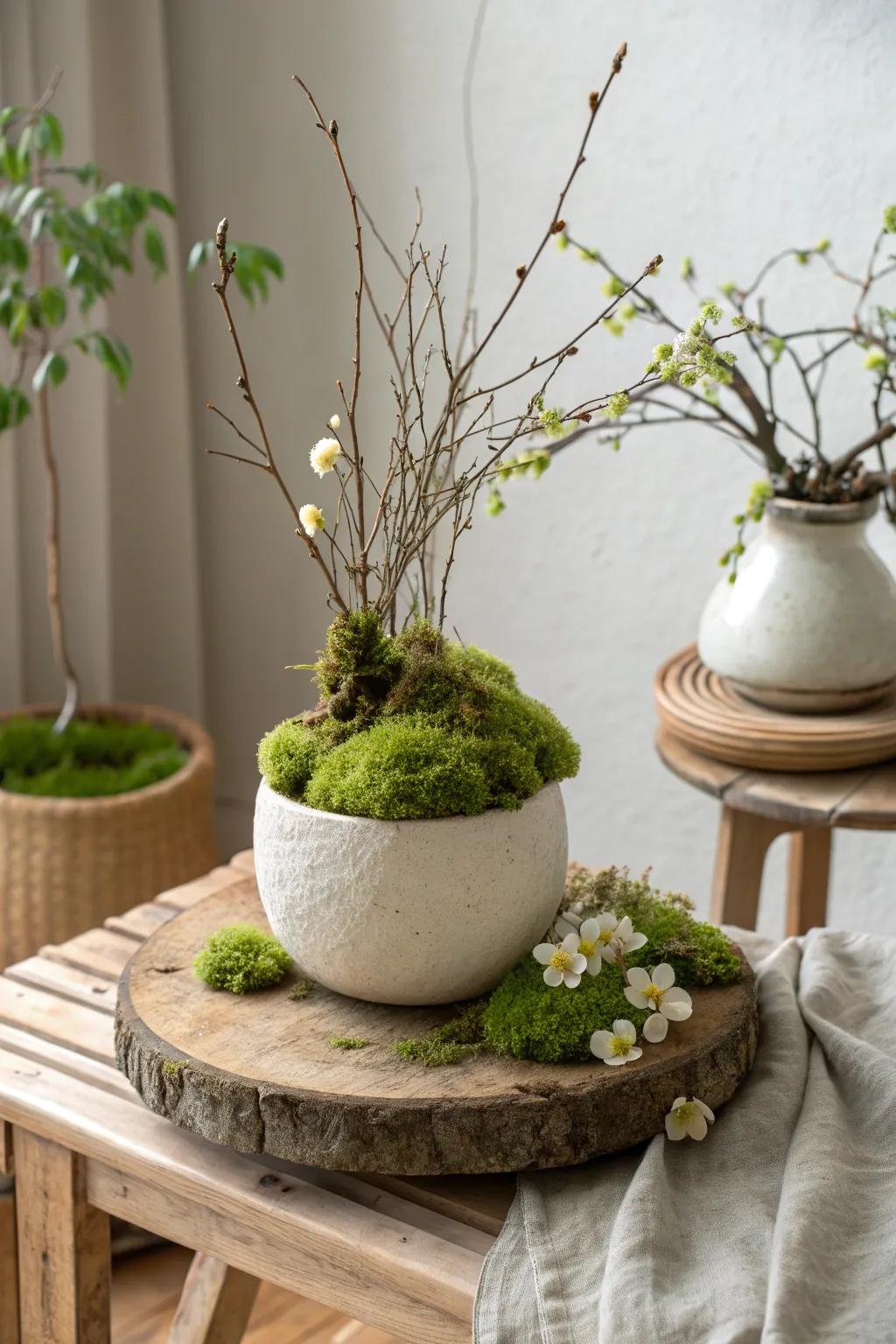 Lush and green, sheet moss provides a natural foundation for spring arrangements.