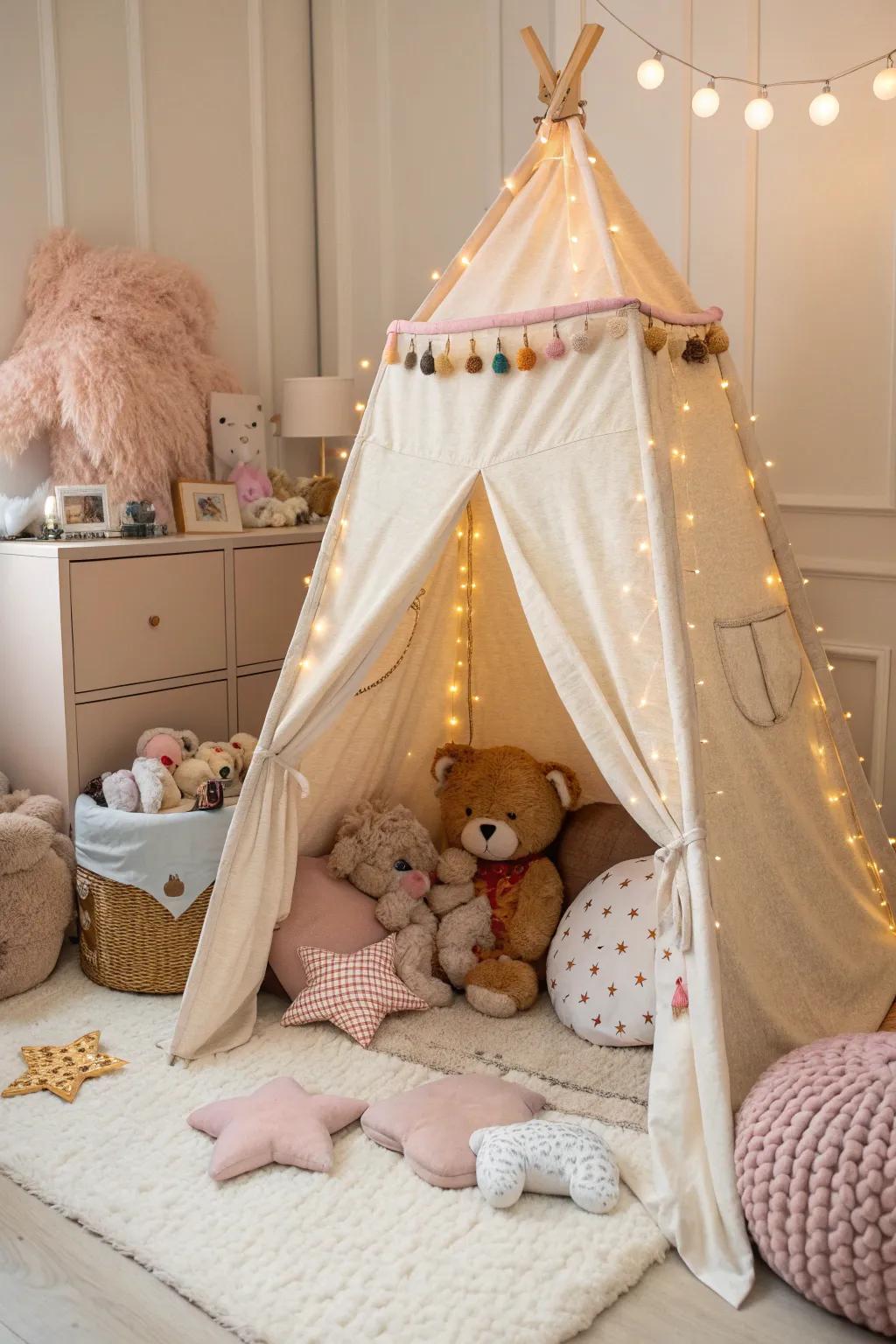 Create a whimsical escape with a plushie-filled play tent!