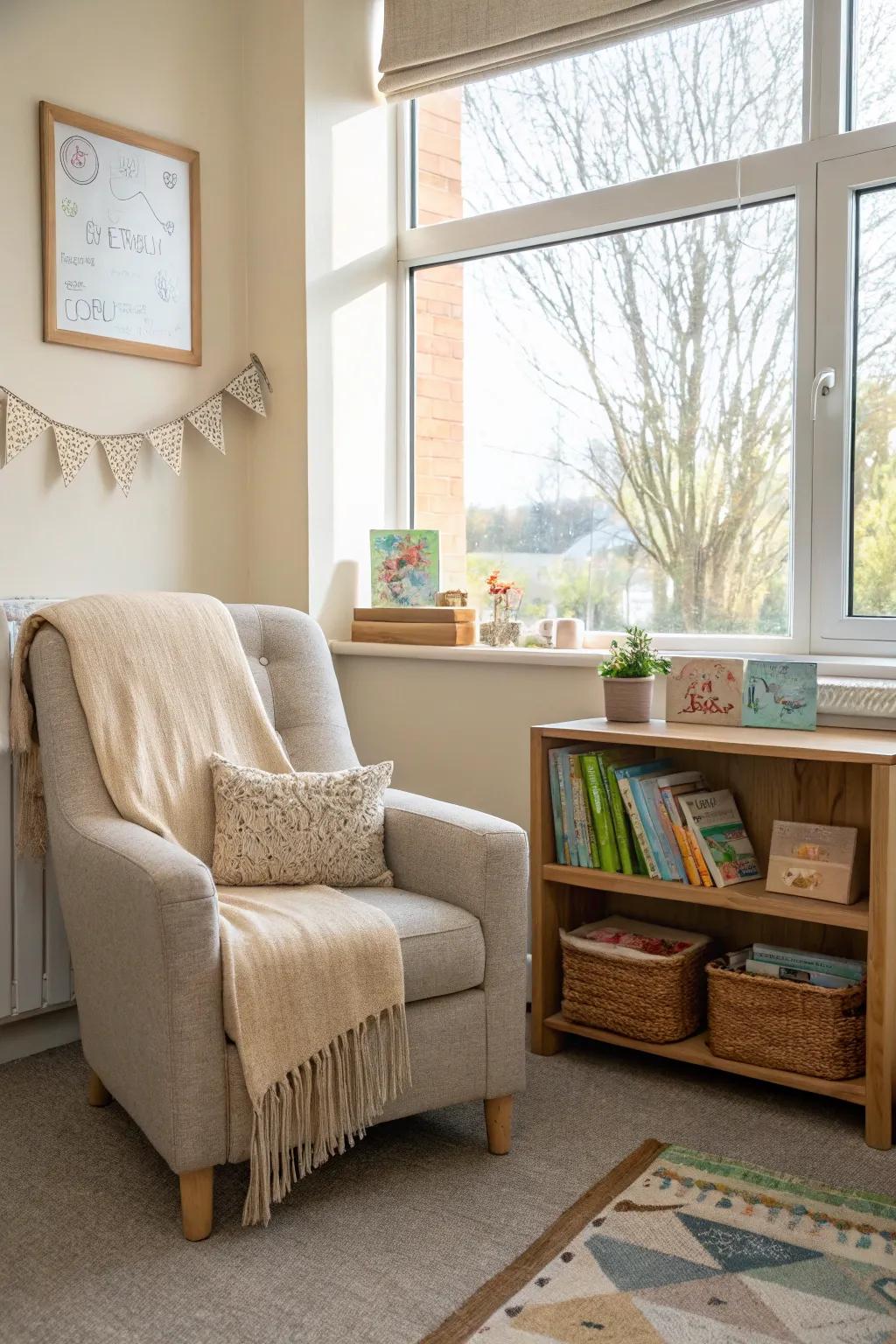 Recharge your mind in a mindfulness corner filled with calming activities and cozy seating.