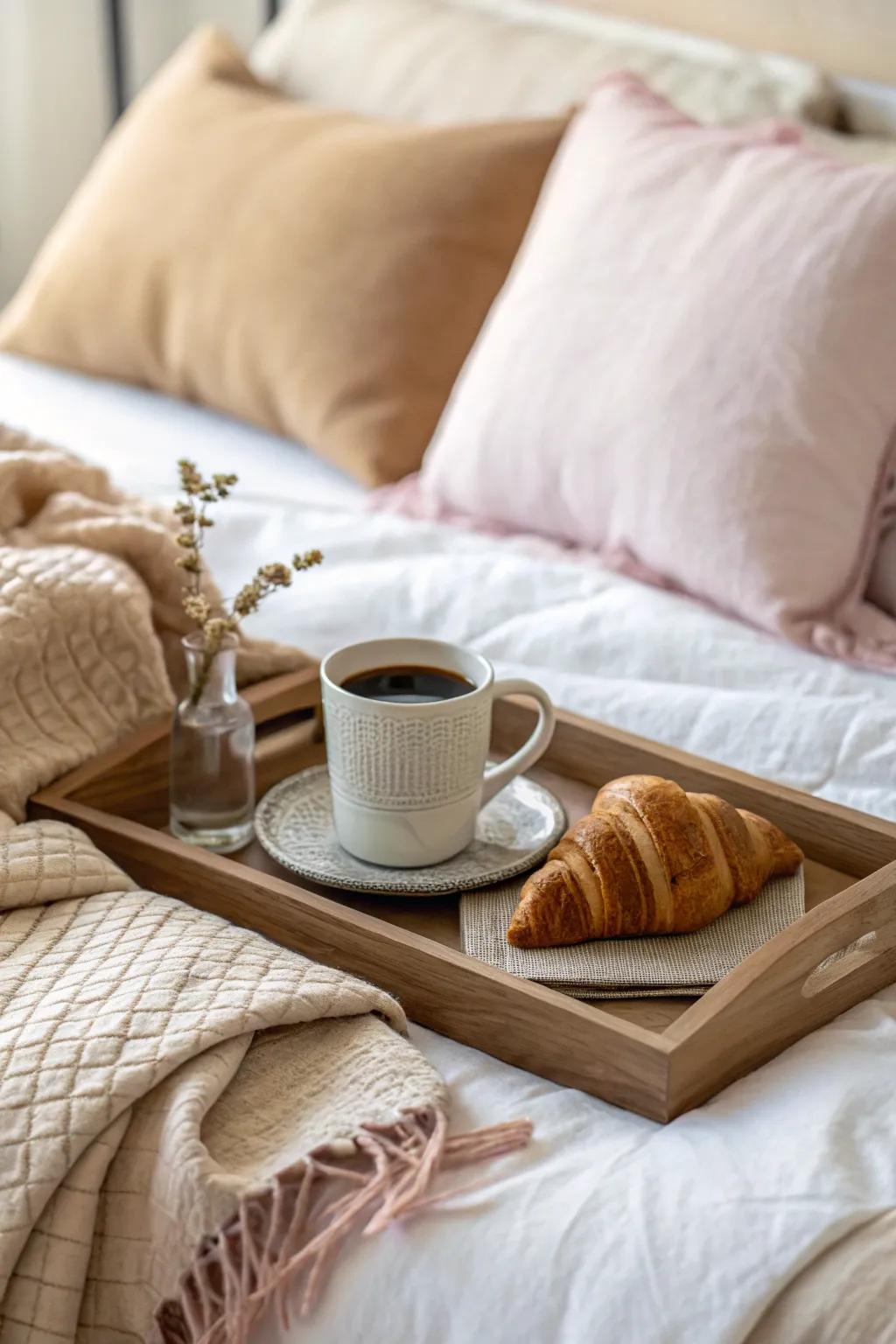 Indulge in a leisurely morning with a breakfast tray that adds a hint of luxury to your day. ☕🥐 #BreakfastInBed #CozyMornings #TrayStyling