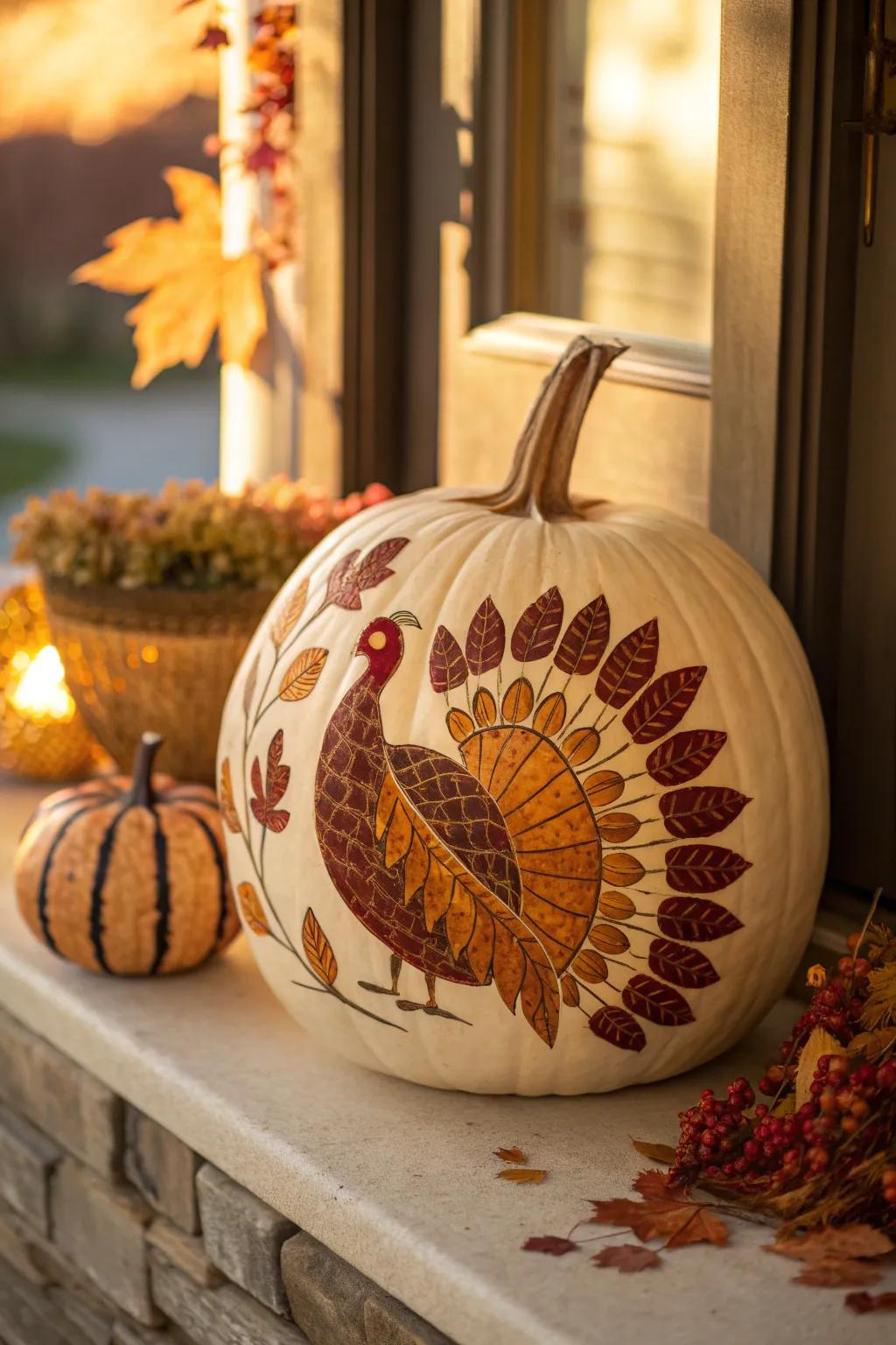 Express your creativity with painted patterns on your pumpkin turkey.
