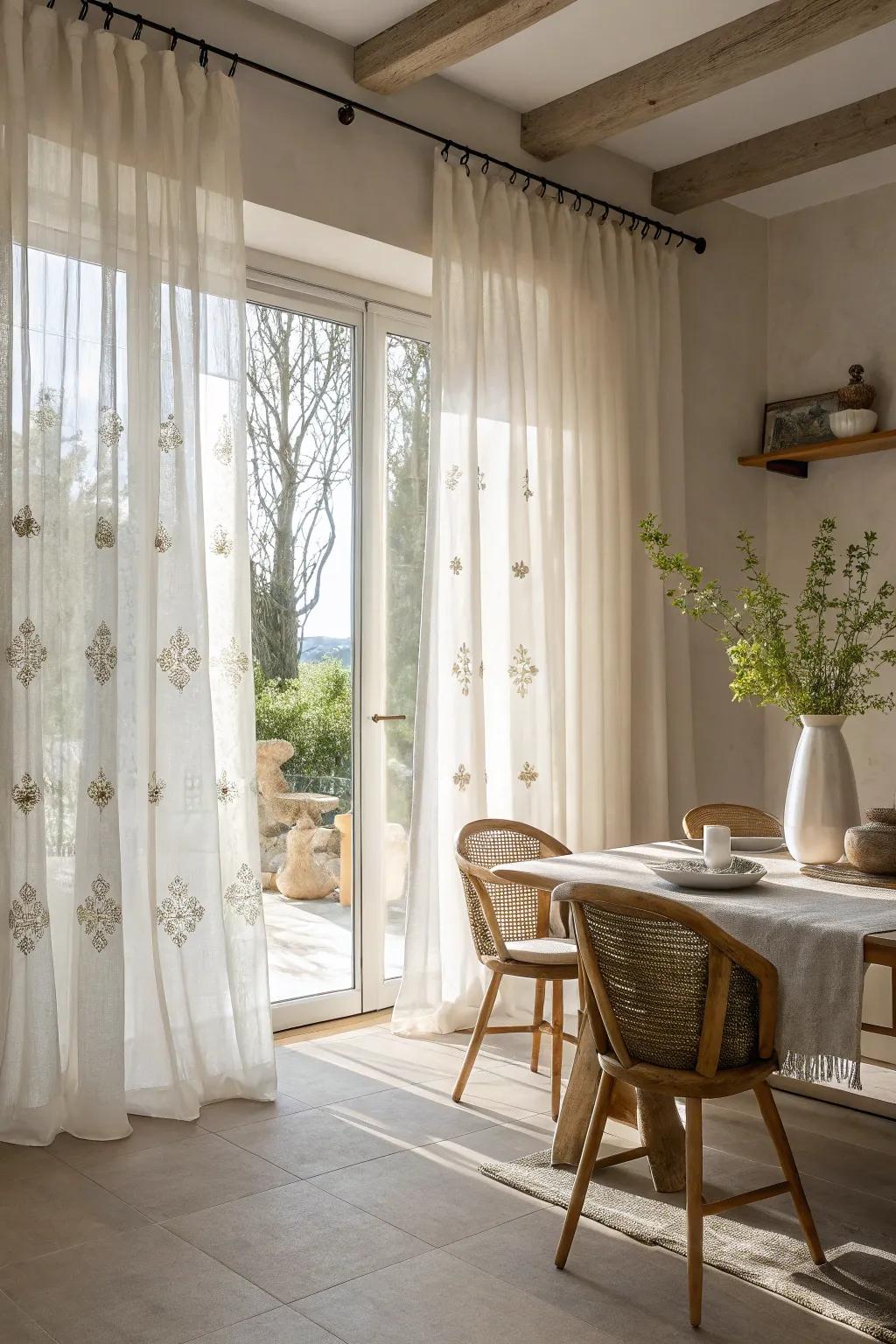 Elevate your dining room with elegant embroidered sheer curtains, adding a touch of artistry.