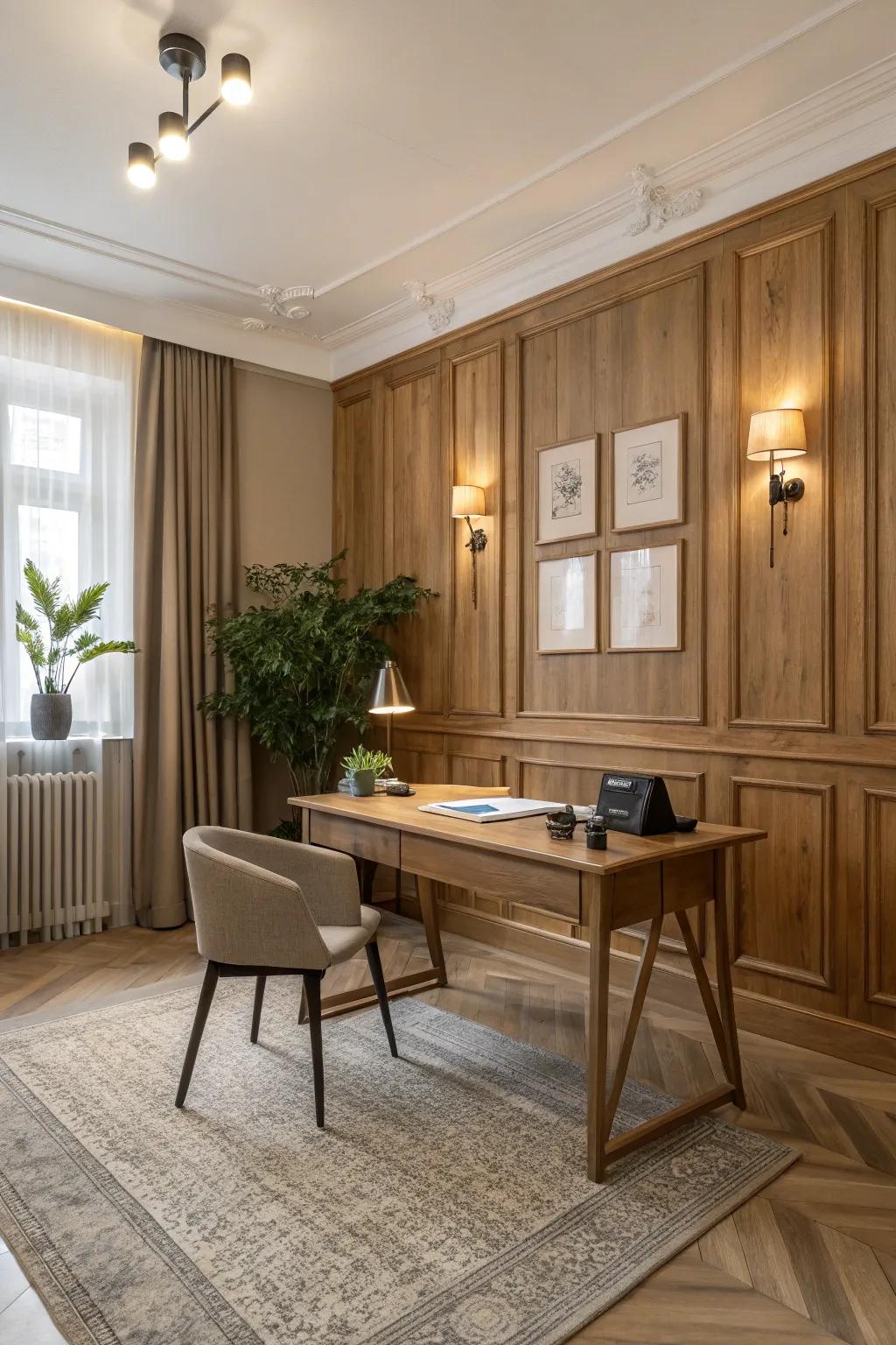 Elevate your office with accent lighting to enhance wainscoting details. 💡 #AccentLighting #OfficeElegance