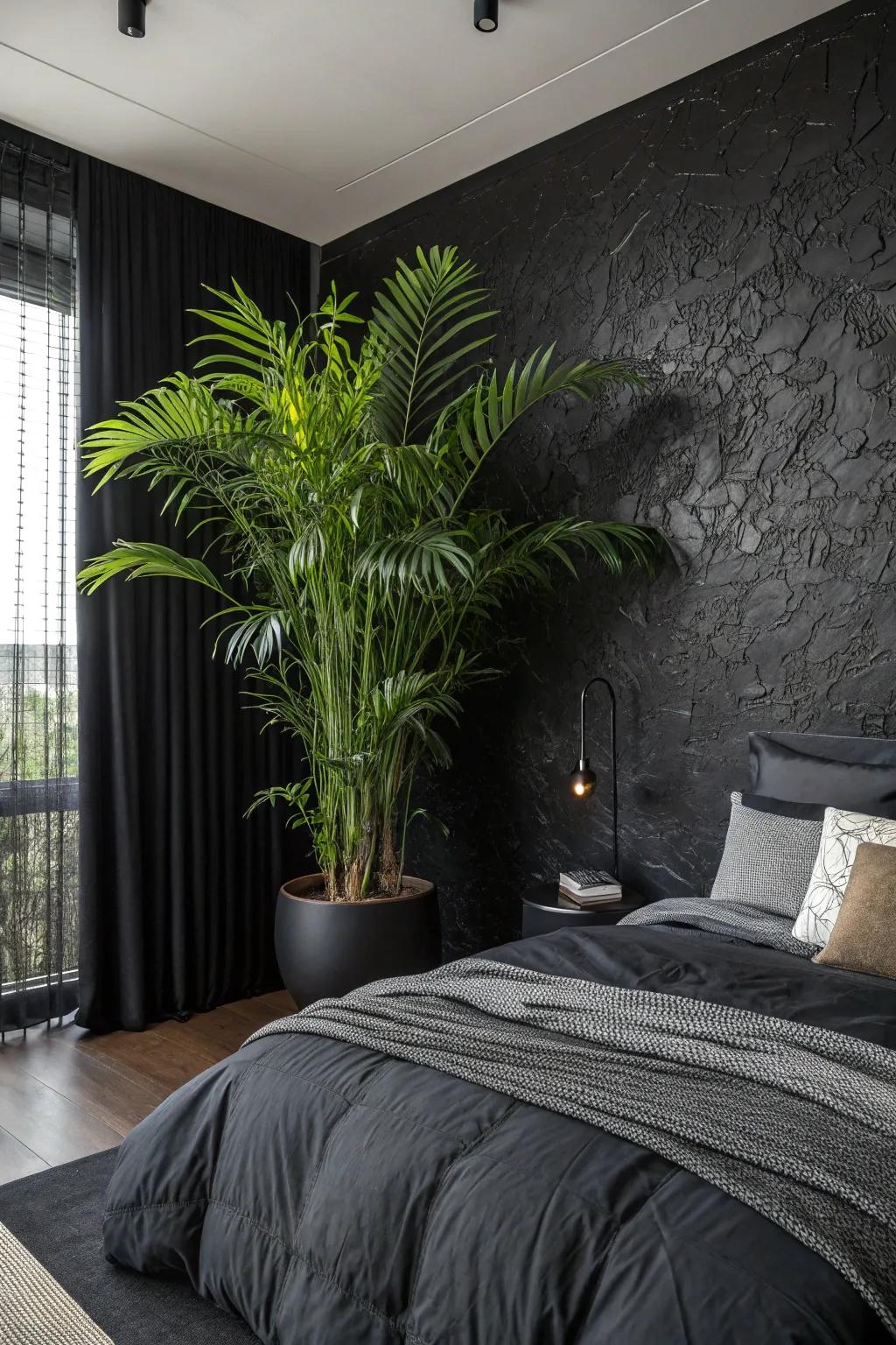 Greenery breathes life into your black bedroom, balancing boldness with nature. #PlantDecor #NatureInspired 🌿