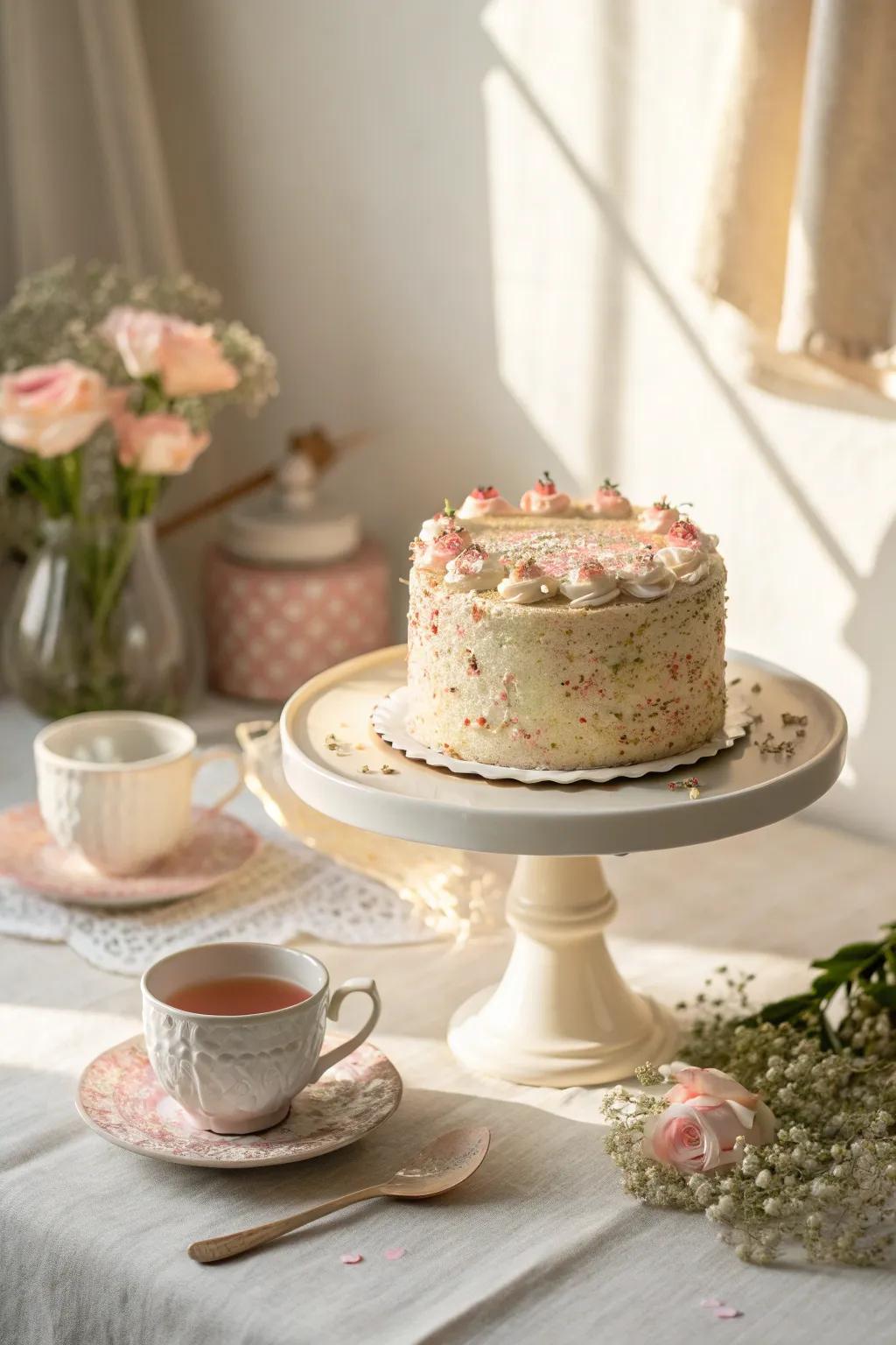 A vintage tea party cake with delicate sprinkles brings classic elegance to your gathering. #VintageCharm #TeaParty