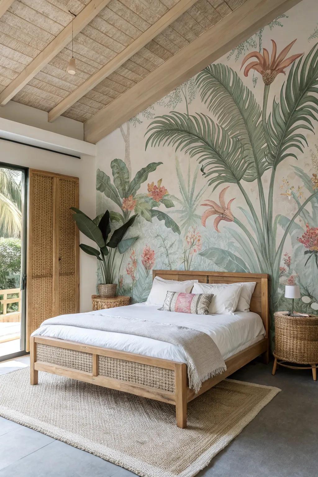 Escape to the tropics with a mural that fills your bedroom with vibrant life and color. #TropicalVibes #IslandEscape #BedroomInspo