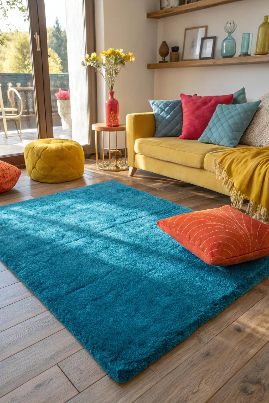Create a lively space by contrasting a blue rug with bright and bold accessories.
