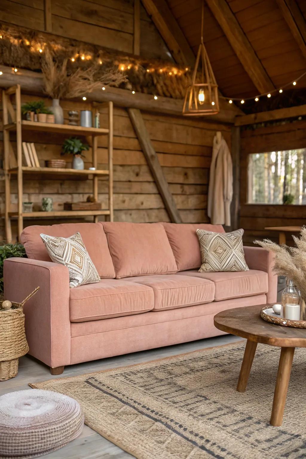 Turn your space into a rustic retreat with a blush couch and natural elements. 🌿 #RusticDecor #CozyHome