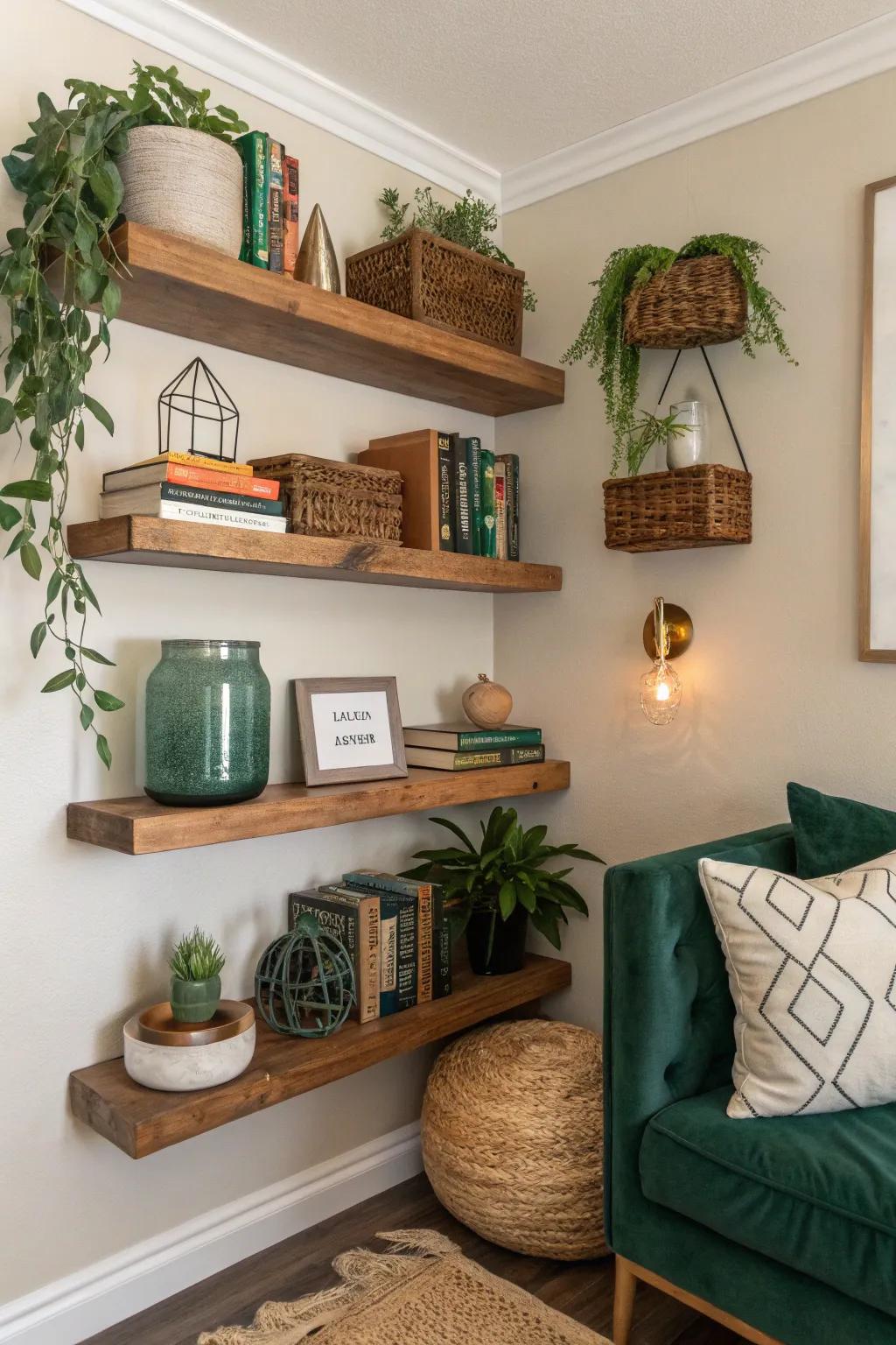 Floating shelves offer style and storage—ideal for showcasing personal treasures. 📚 #FloatingShelves #HomeOrganization