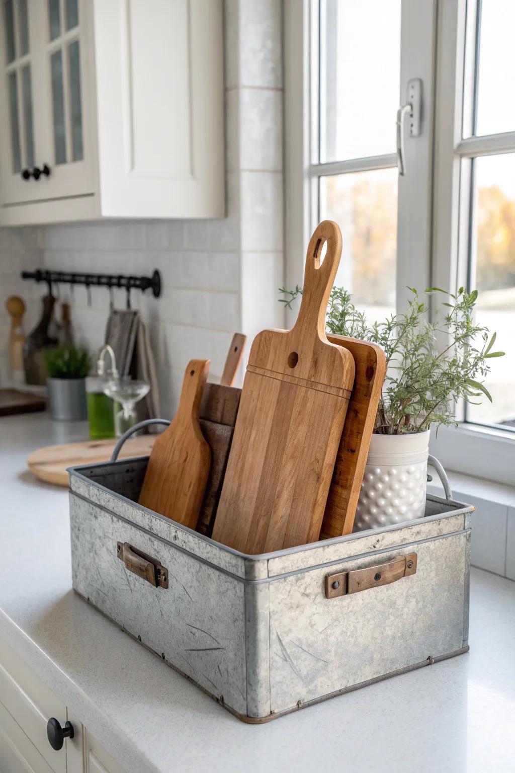 Add an industrial twist to your kitchen with a toolbox repurposed for cutting board storage. #IndustrialStyle #UniqueStorage #KitchenIdeas