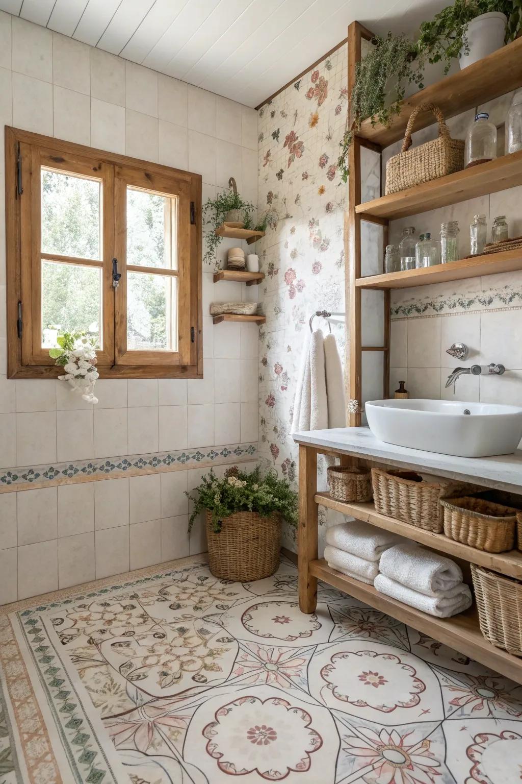 Embrace the charm of vintage with floral patterned tiles that add a touch of nostalgia. 🌸 #VintageCharm #FloralElegance #FarmhouseBathroom