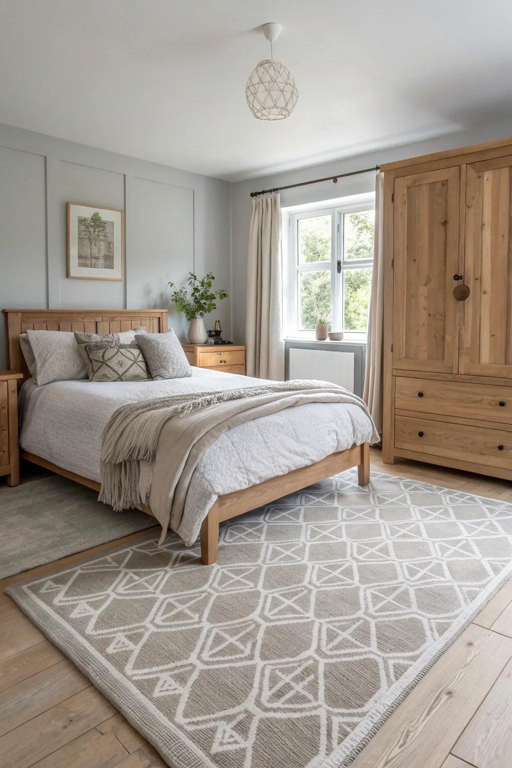 Anchor your space with a statement rug that complements your grey bedroom set. #InteriorDeco #RugDesign