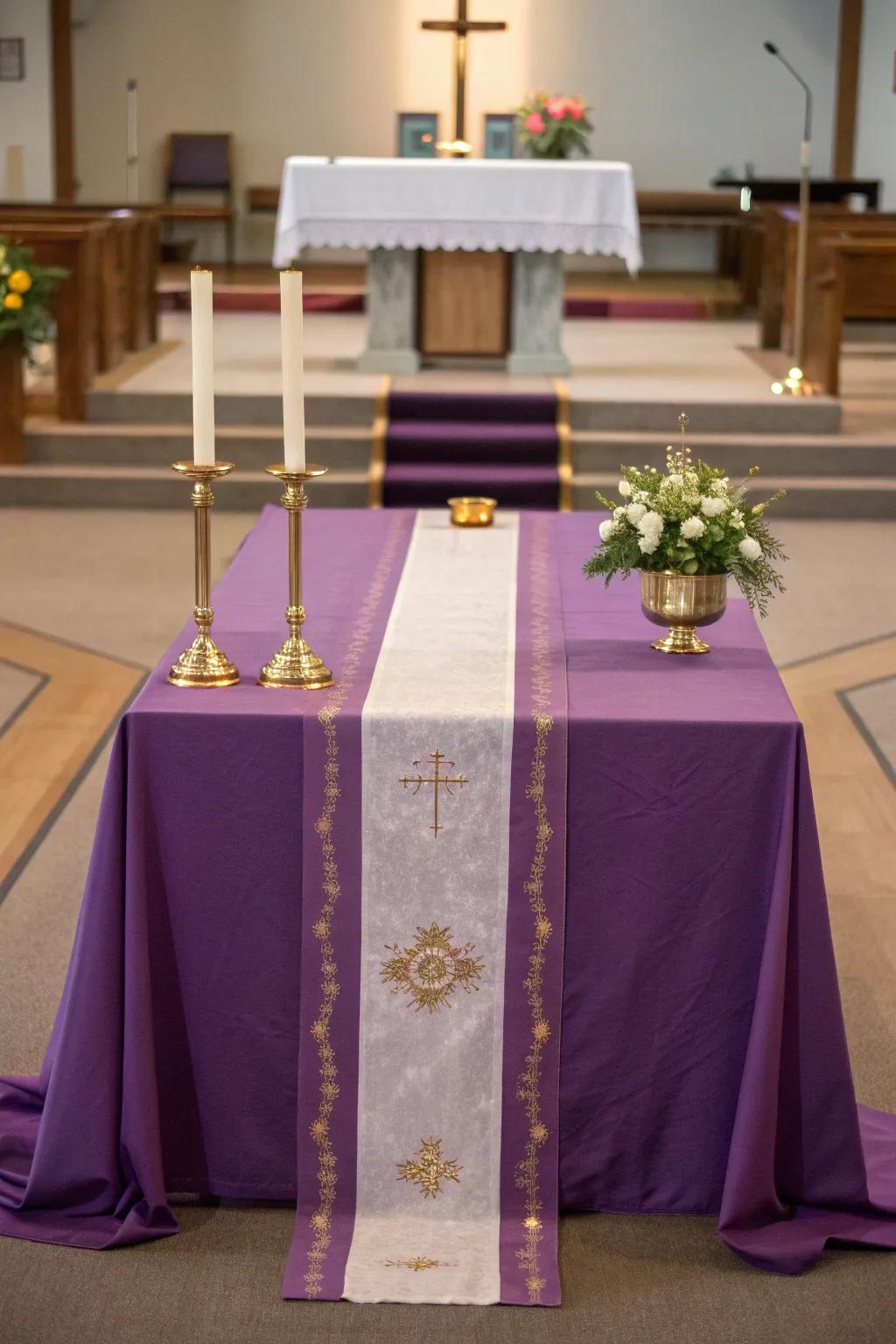 A minimalist purple table runner adds a touch of elegance and symbolism to church decor. #ElegantSimplicity #LentDecor