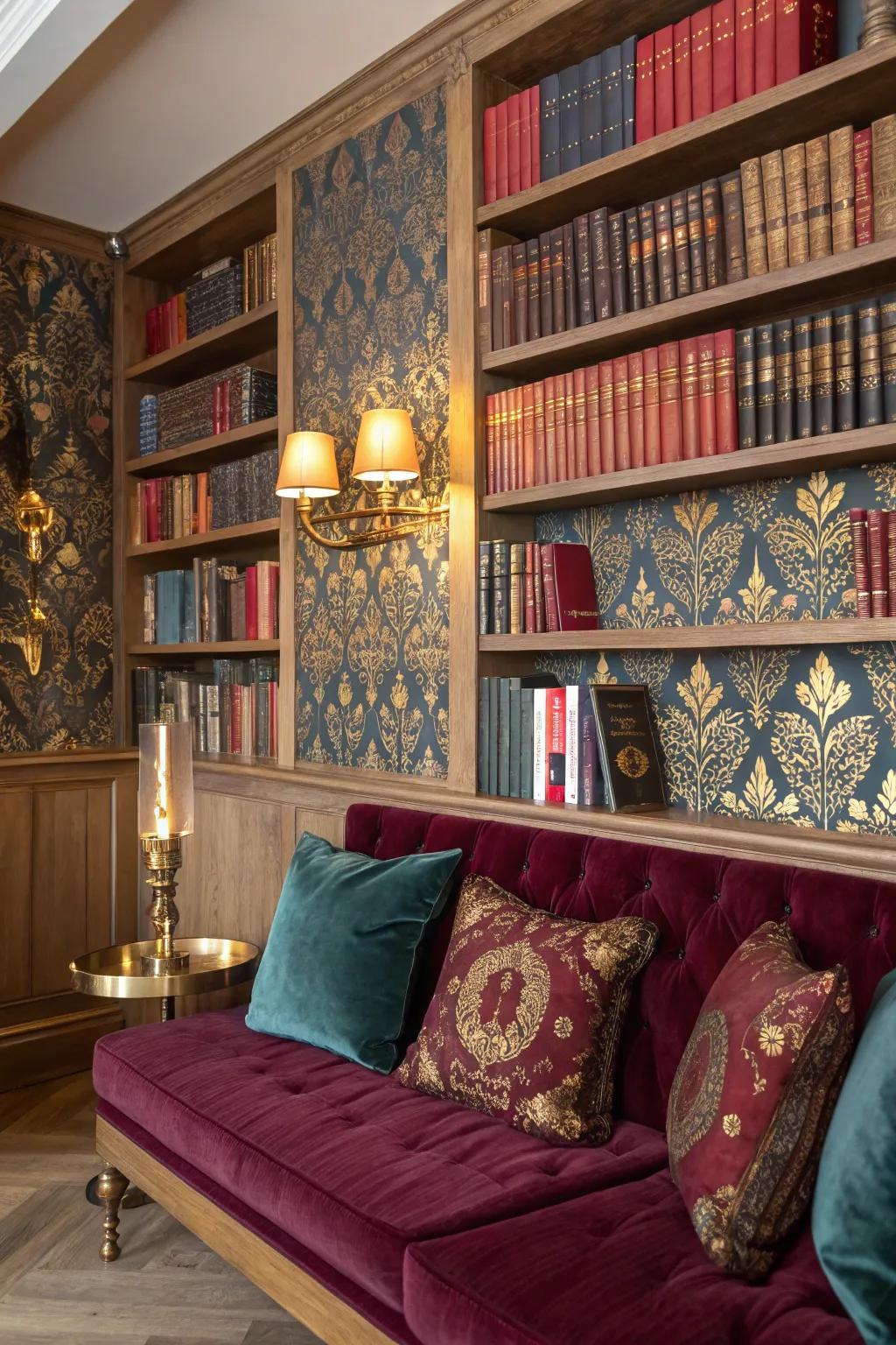 Make your library wall a masterpiece with wallpapered backgrounds that add depth and character to your shelves.