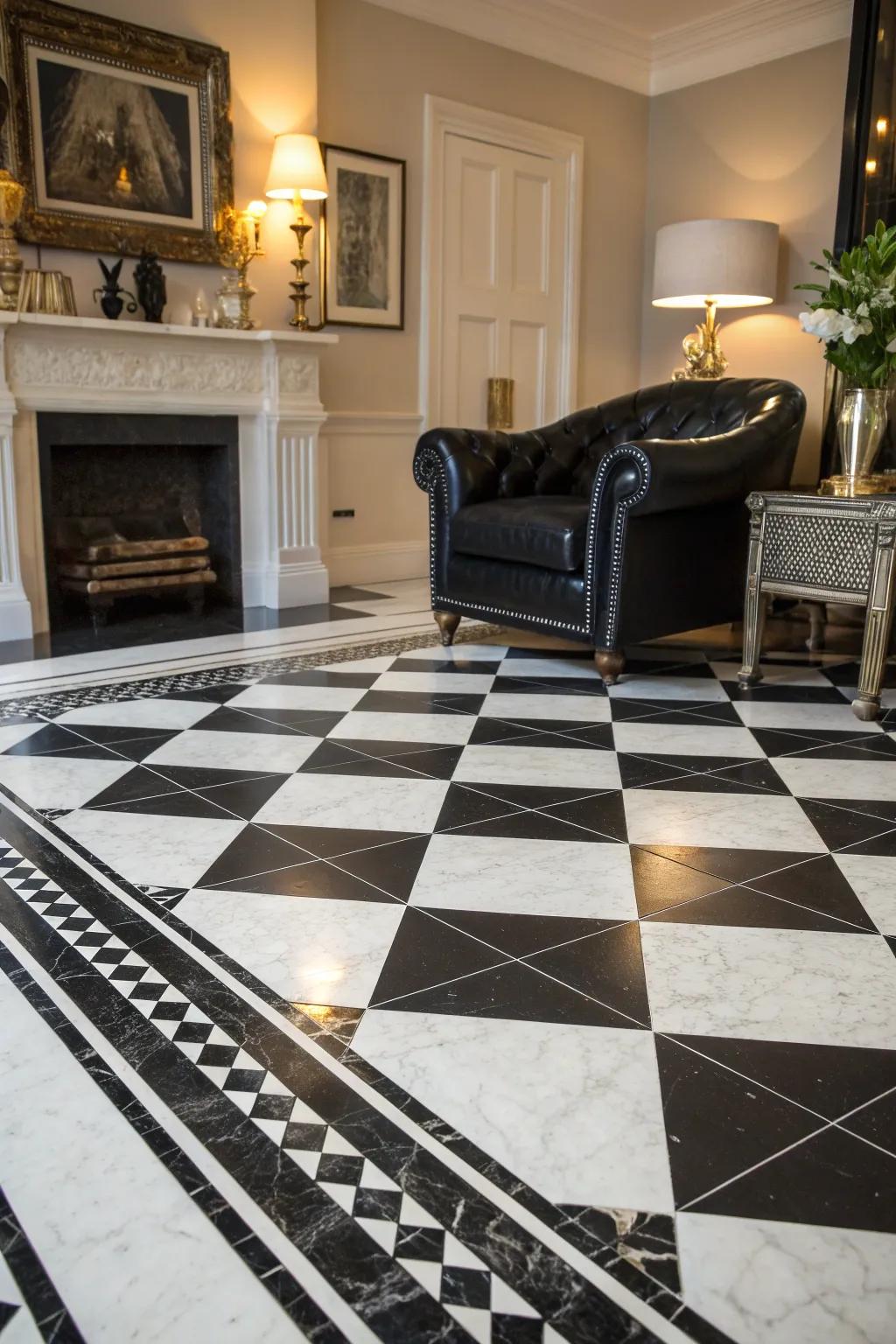 Black and white vinyl flooring offers a striking, timeless appeal. 🖤🤍 #BlackAndWhite #ClassicDesign #VinylFlooring