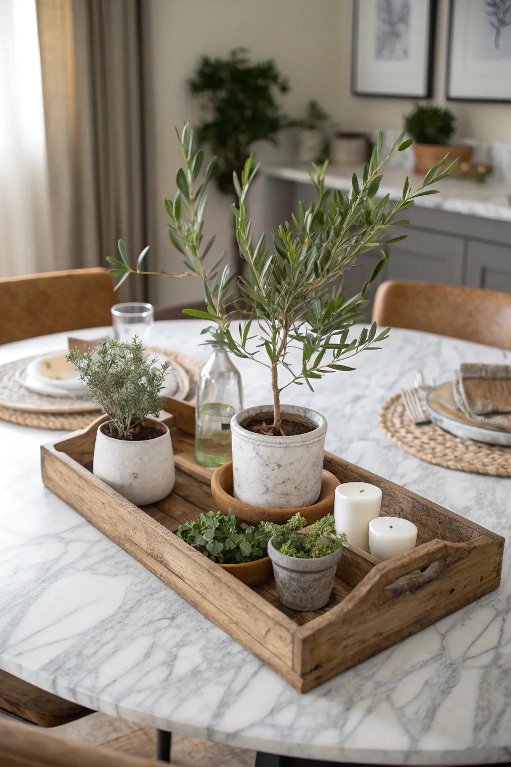 Bring warmth to your marble table with rustic elements like wooden trays. 🌿 #RusticDecor #HomeComfort