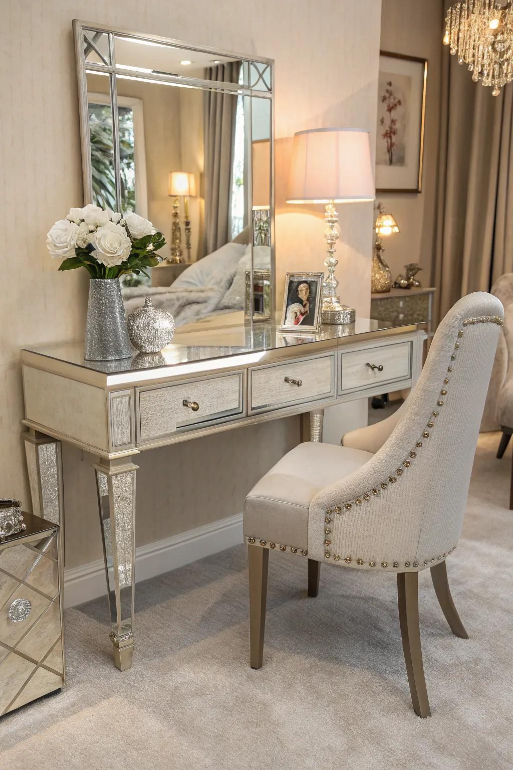 A mirrored desk transforms a workspace into a chic, reflective area. 💼 #HomeOffice #ChicDesign