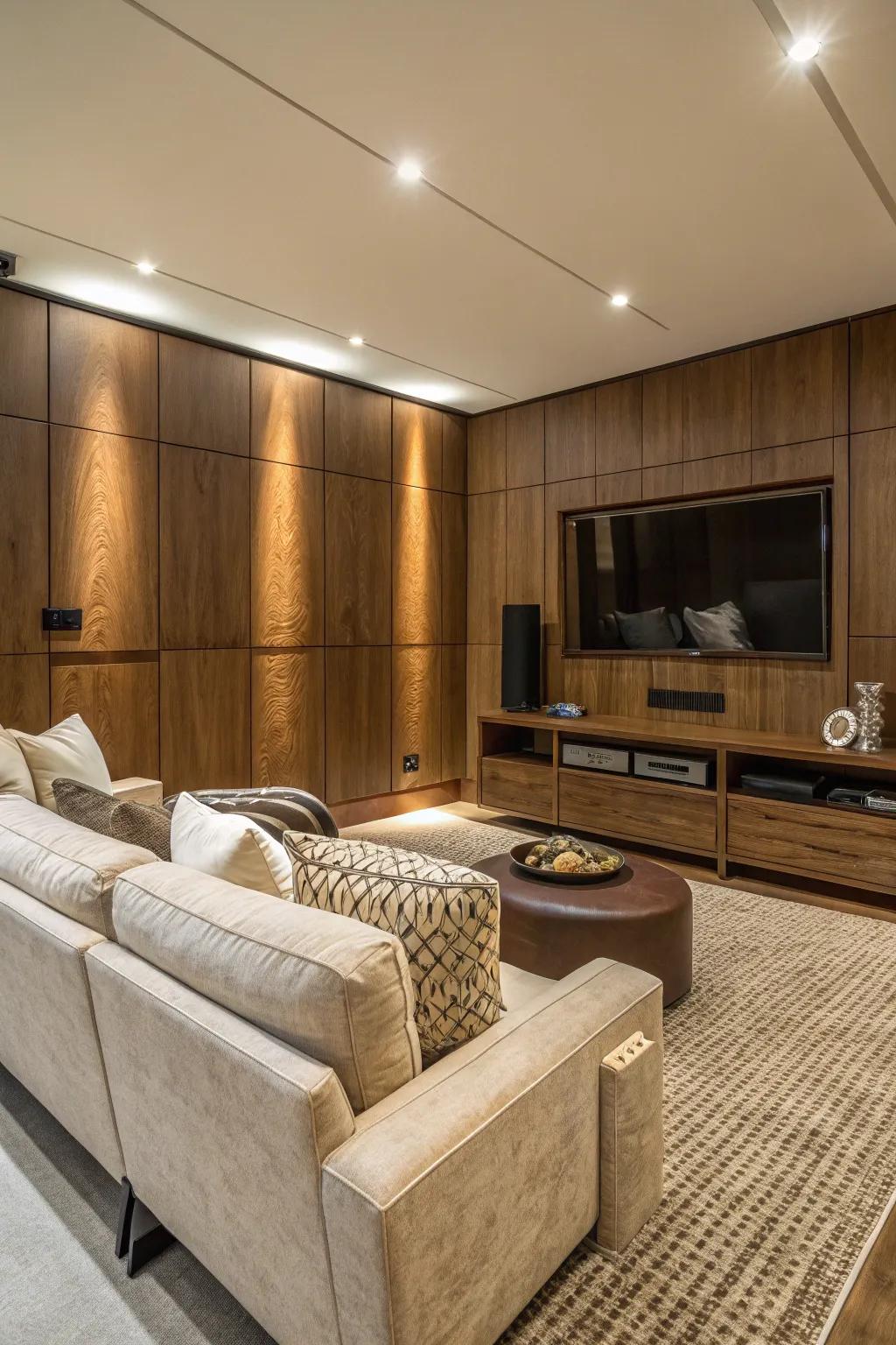 Warm wood tones bring texture and comfort to your TV space. 🌿 #WoodDecor #ModernCozy #TVRoomInspo