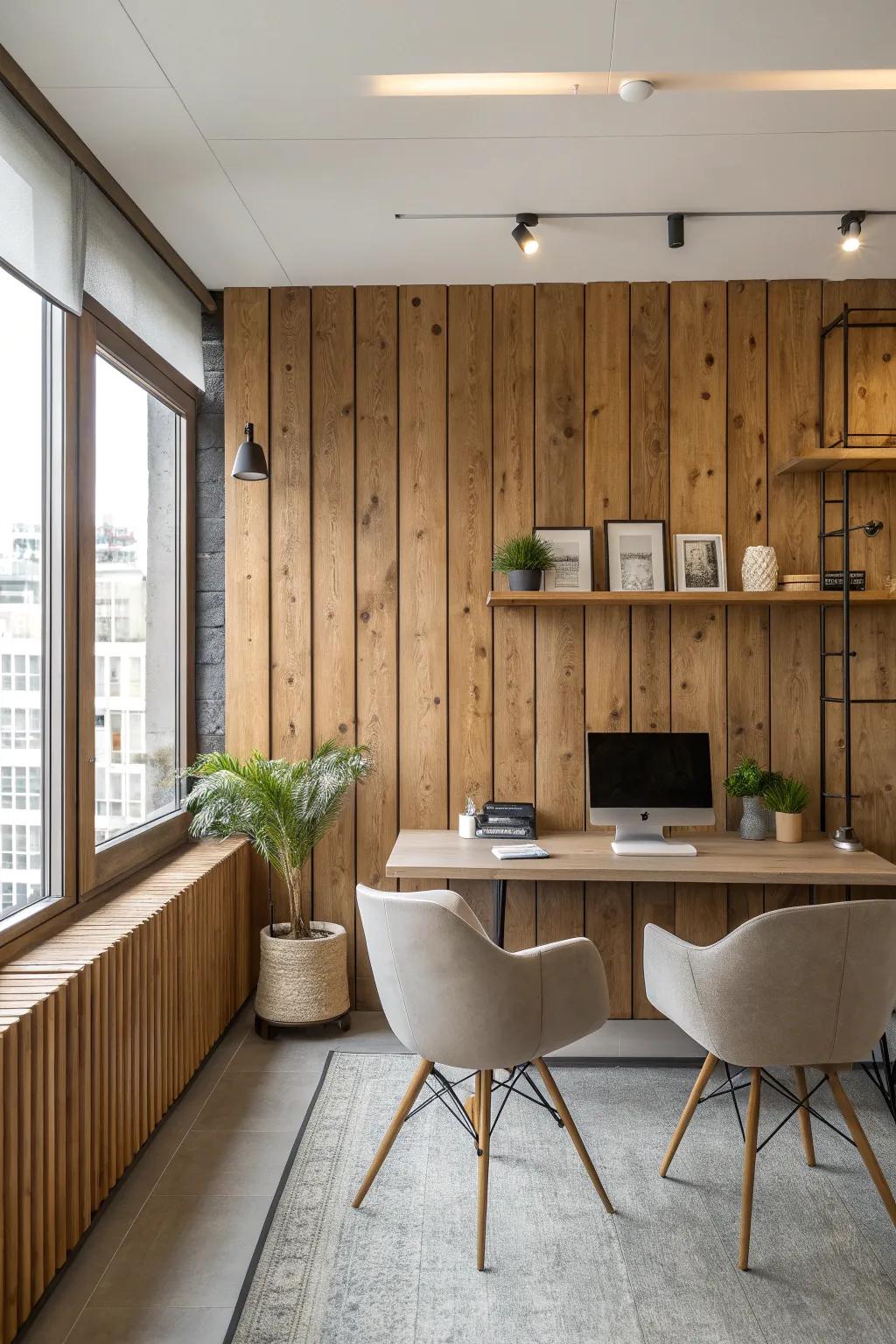 Rustic wood panels add warmth and charm, turning your office into a cozy retreat. 🌿 #RusticCharm #OfficeWarmth
