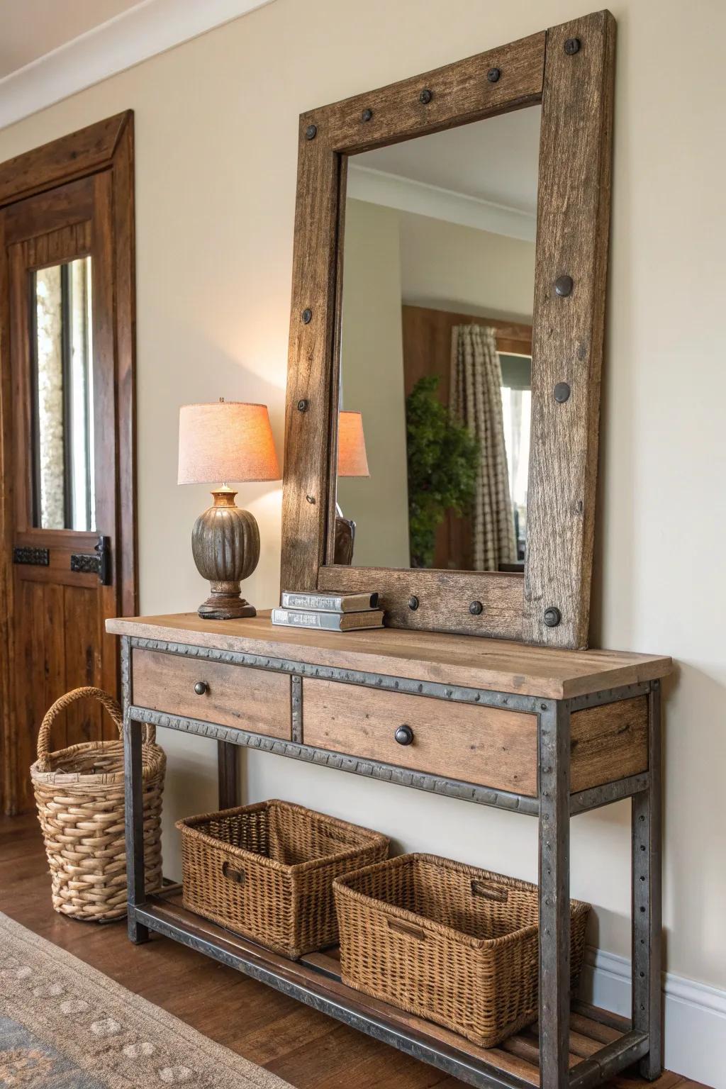 Experiment with textures by combining wood and metal in your rustic decor. 🔨🌲 #MixedMaterials #RusticChic