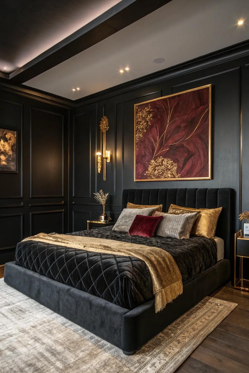 Matte black walls envelop your space in a cozy, sophisticated embrace.