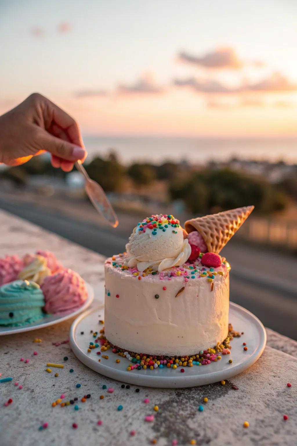 An ice cream-themed cake with sprinkles is the perfect cool treat for a summer celebration.