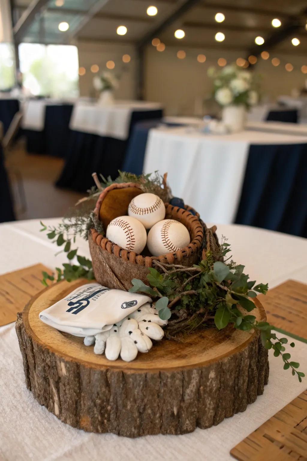 Add warmth and texture with a rustic wooden base for your centerpiece.