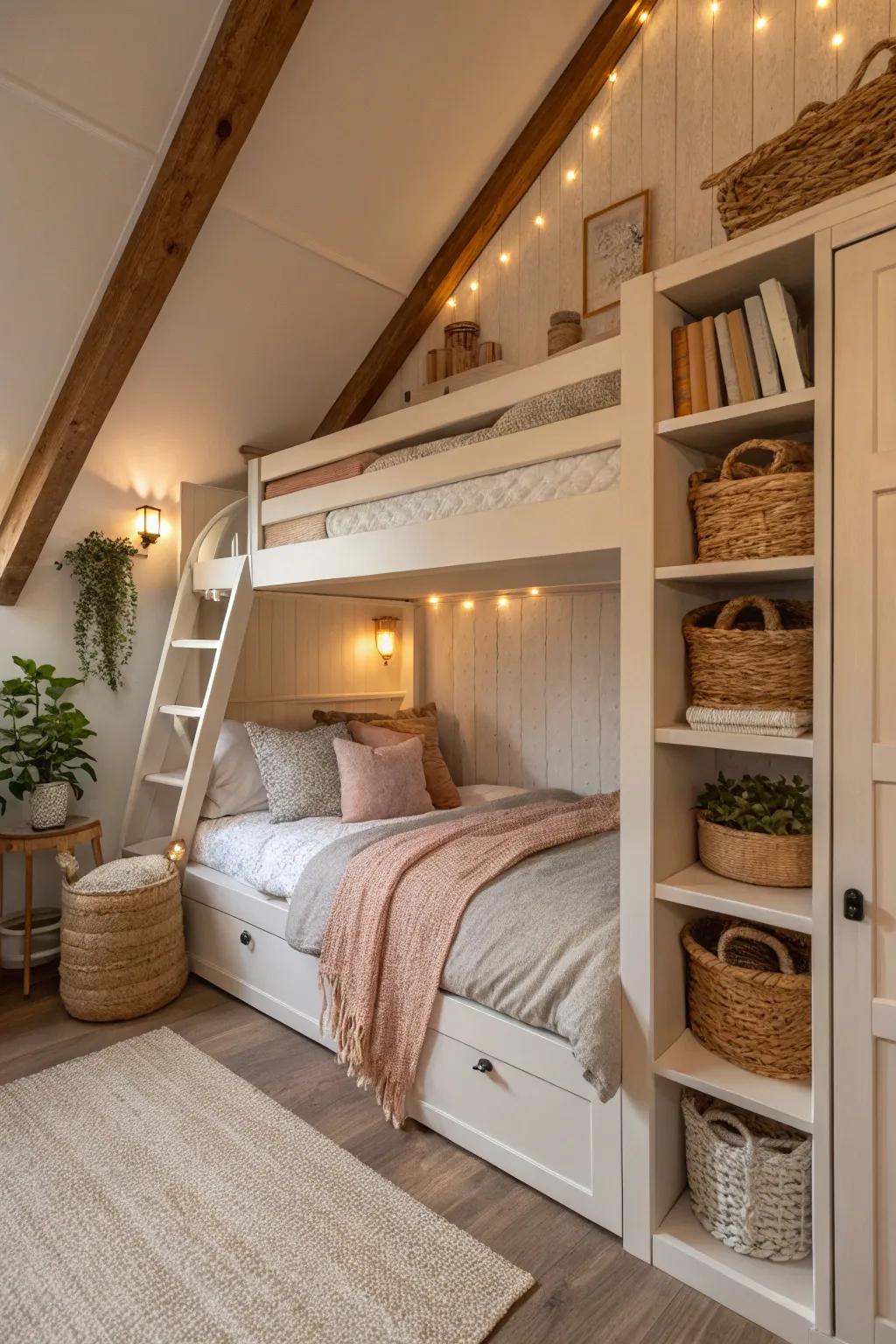 Make use of high spaces with attic-style shelving, perfect for out-of-the-way storage.