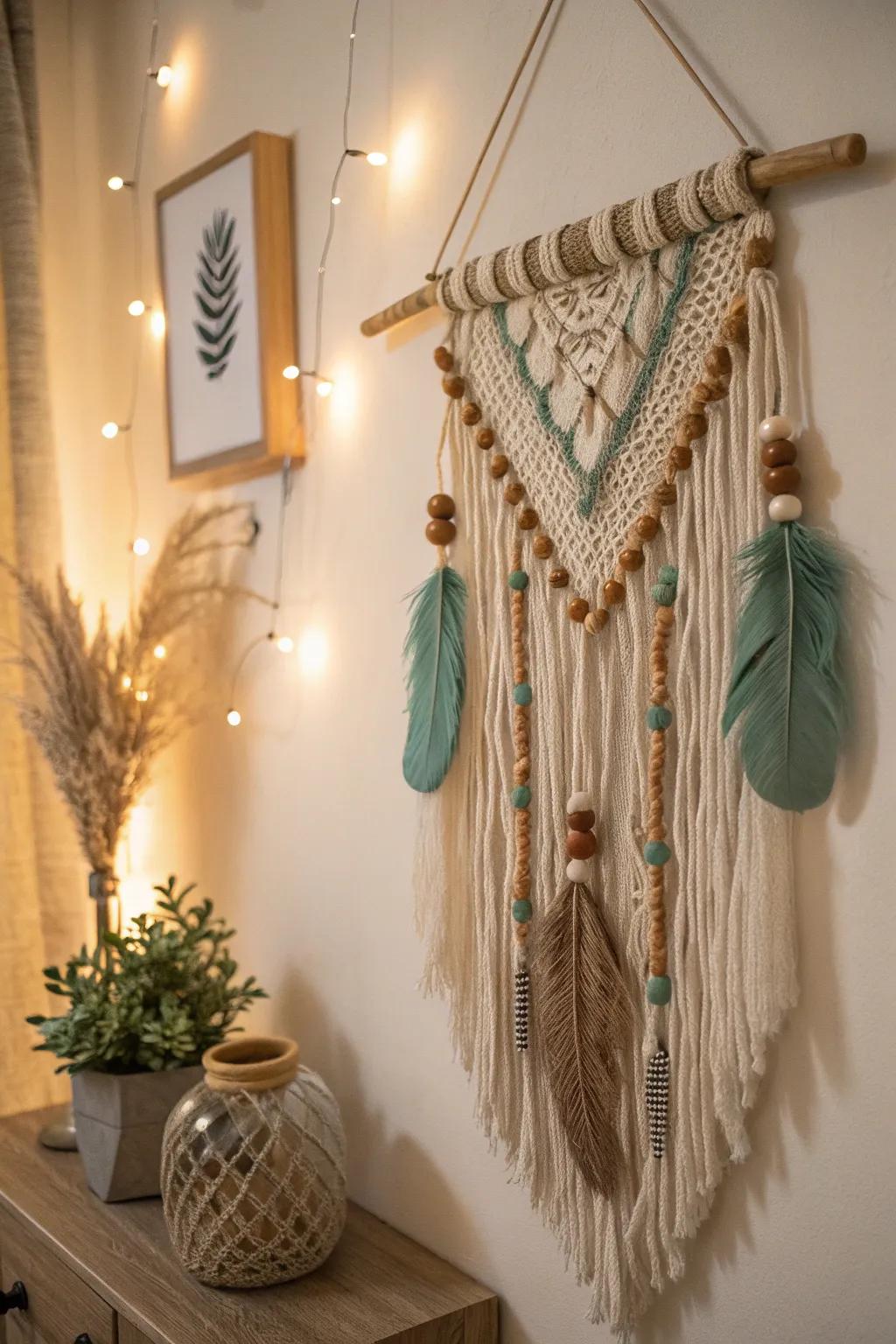 Enhance your crochet wall art with mixed media elements for a rustic charm.