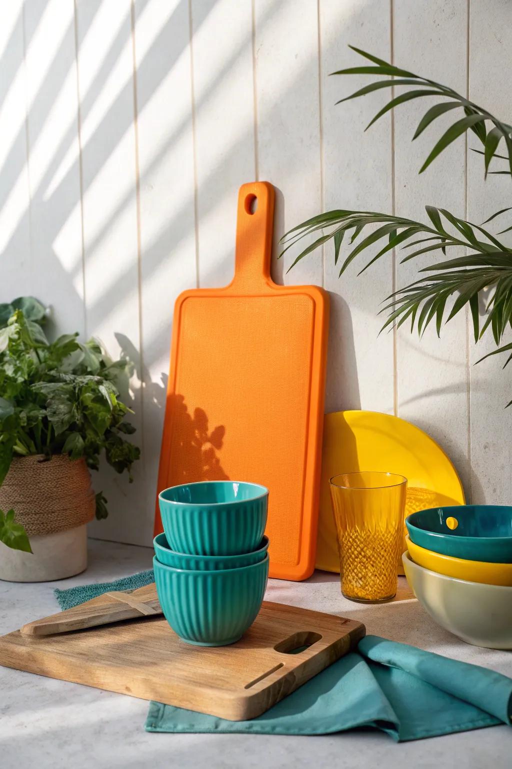 Create dimension in your kitchen by using cutting boards as risers for decorative items.