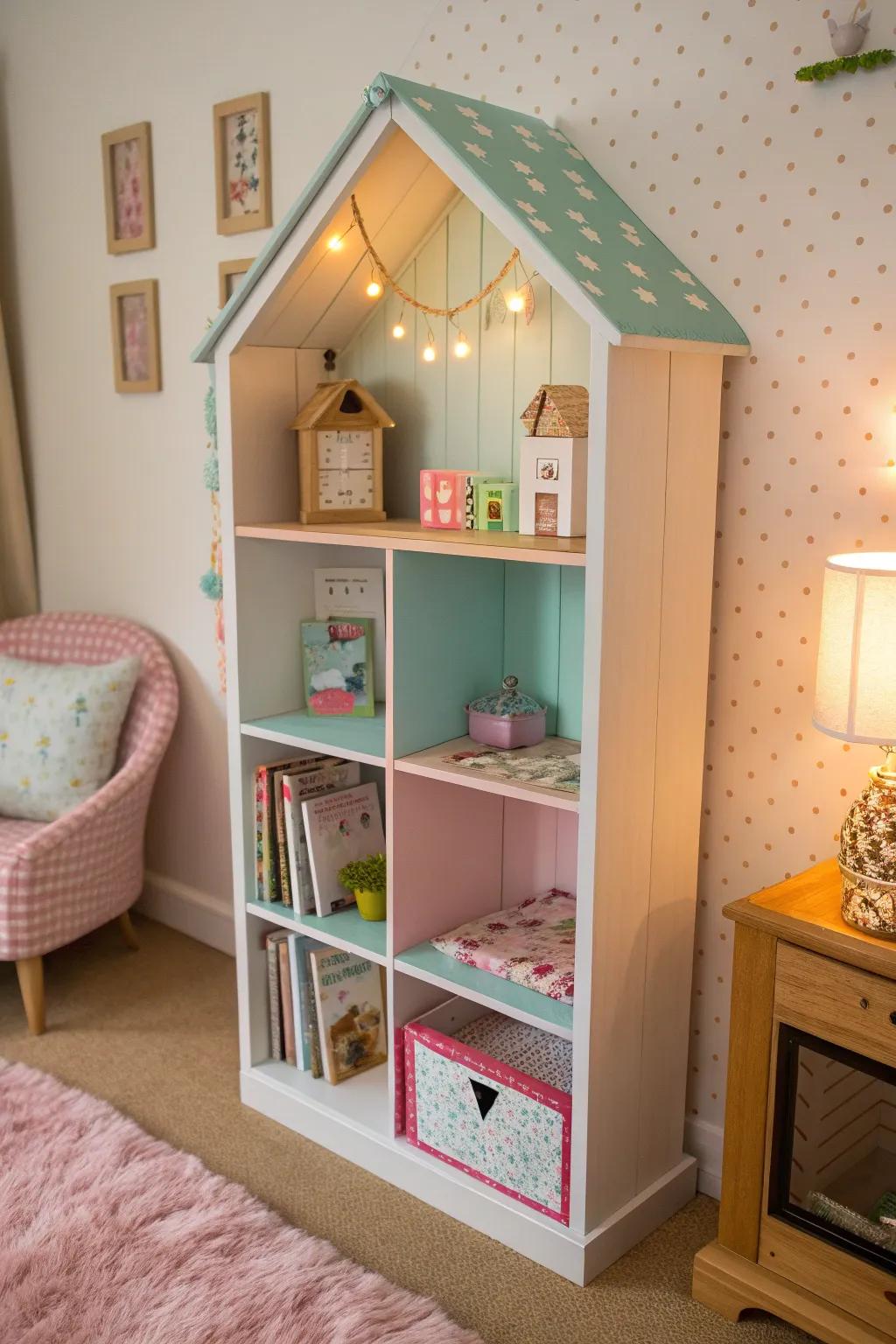 A dollhouse storage unit brings play and organization together beautifully.