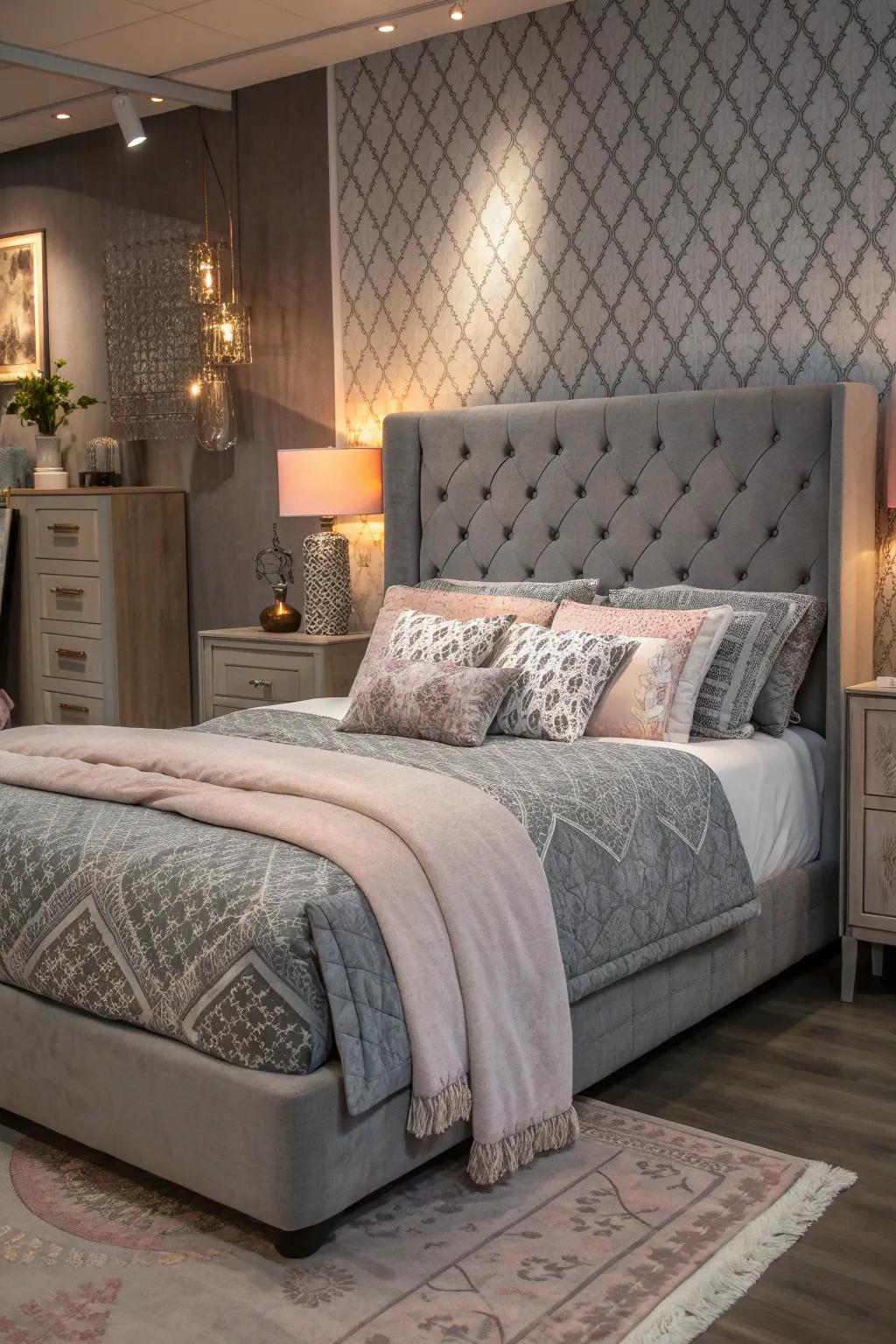 Add dimension with subtle patterns that enhance your grey bedroom's elegance.