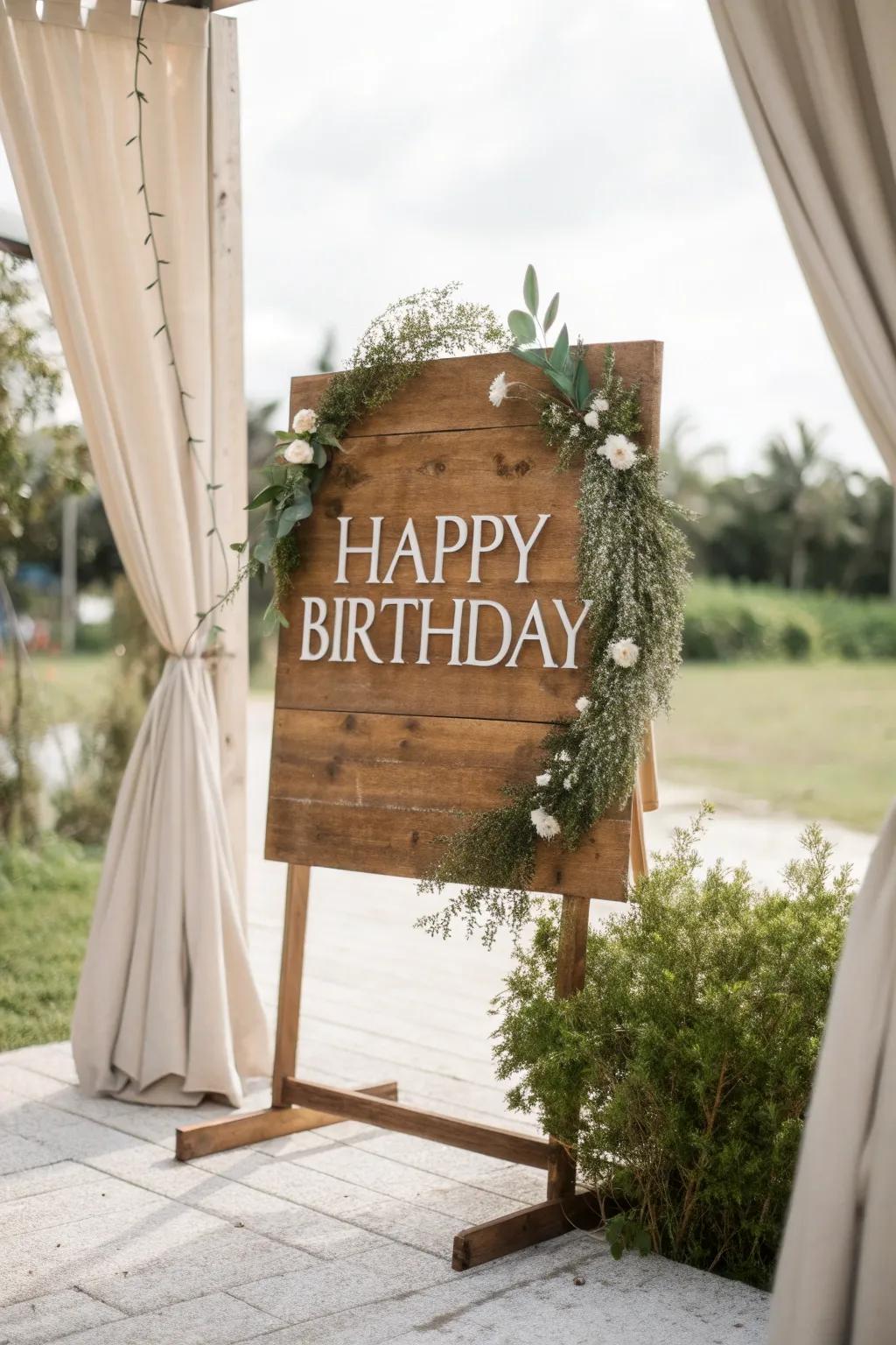 Add warmth with rustic wooden signs that blend seamlessly with nature, offering a charming touch to your celebration.