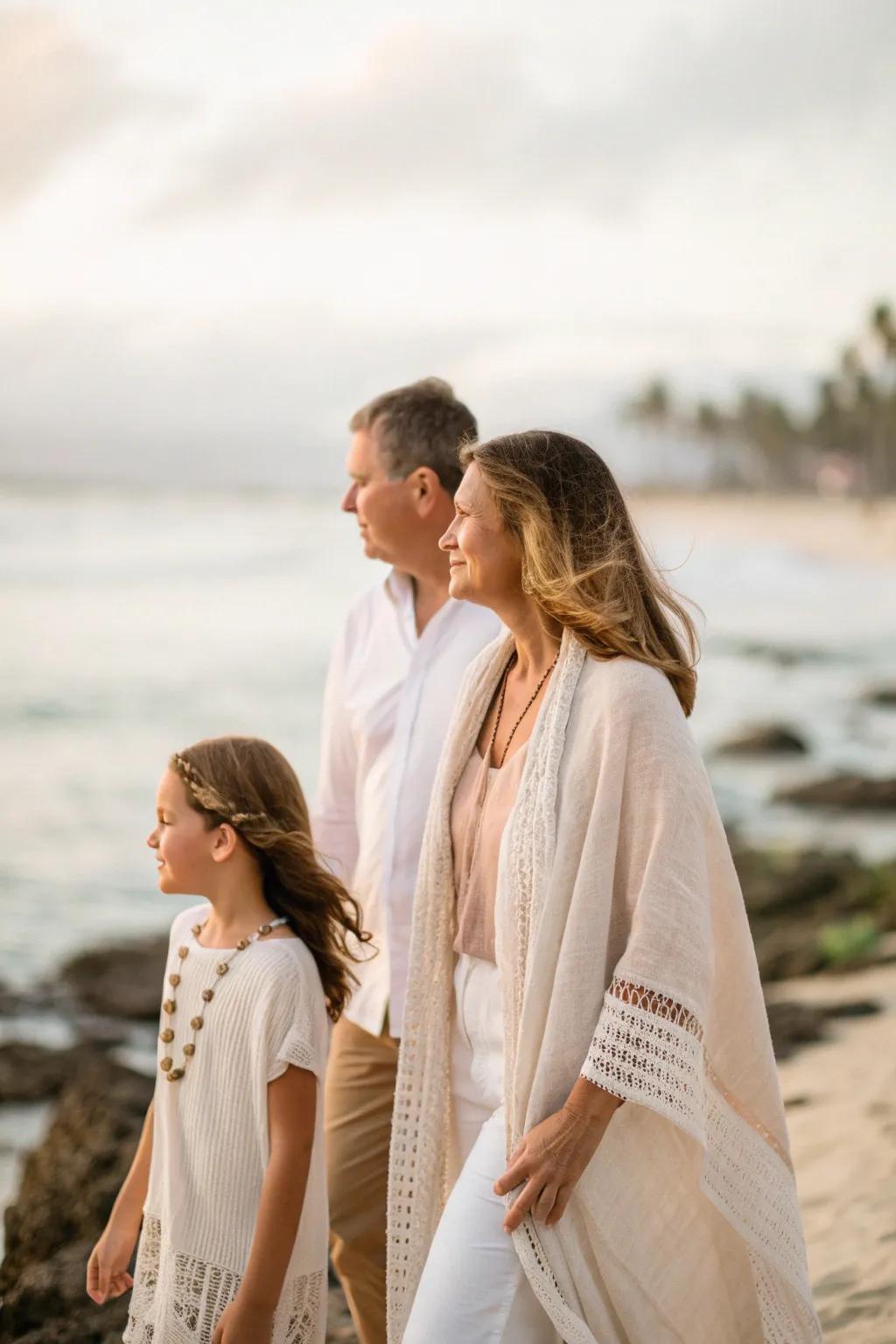 Layered light fabrics add style and comfort to your sunset beach photos.