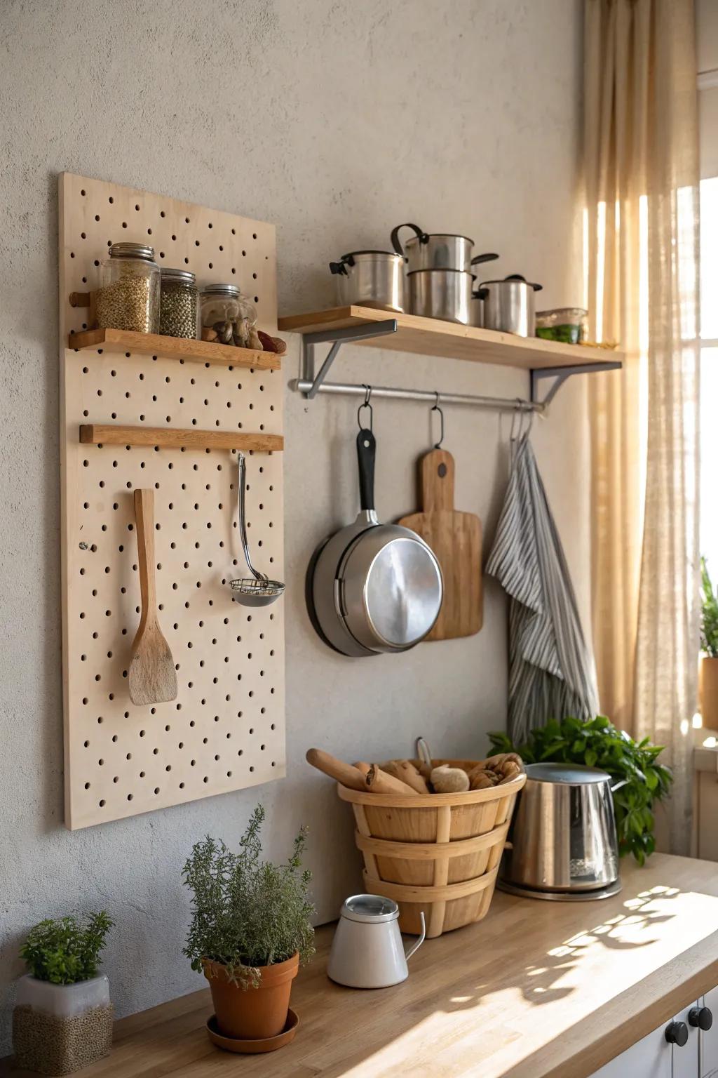 Maximize your kitchen's utility with a trendy pegboard storage system.