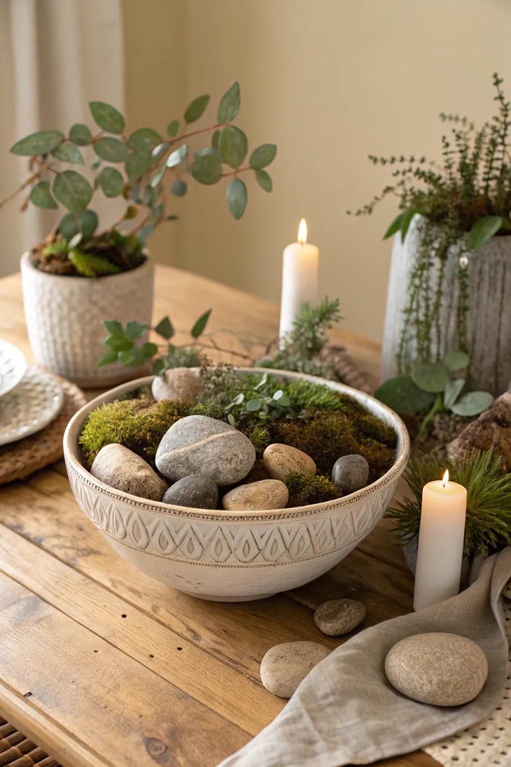 Layered rocks and moss create a beautiful, earthy centerpiece for Lent.