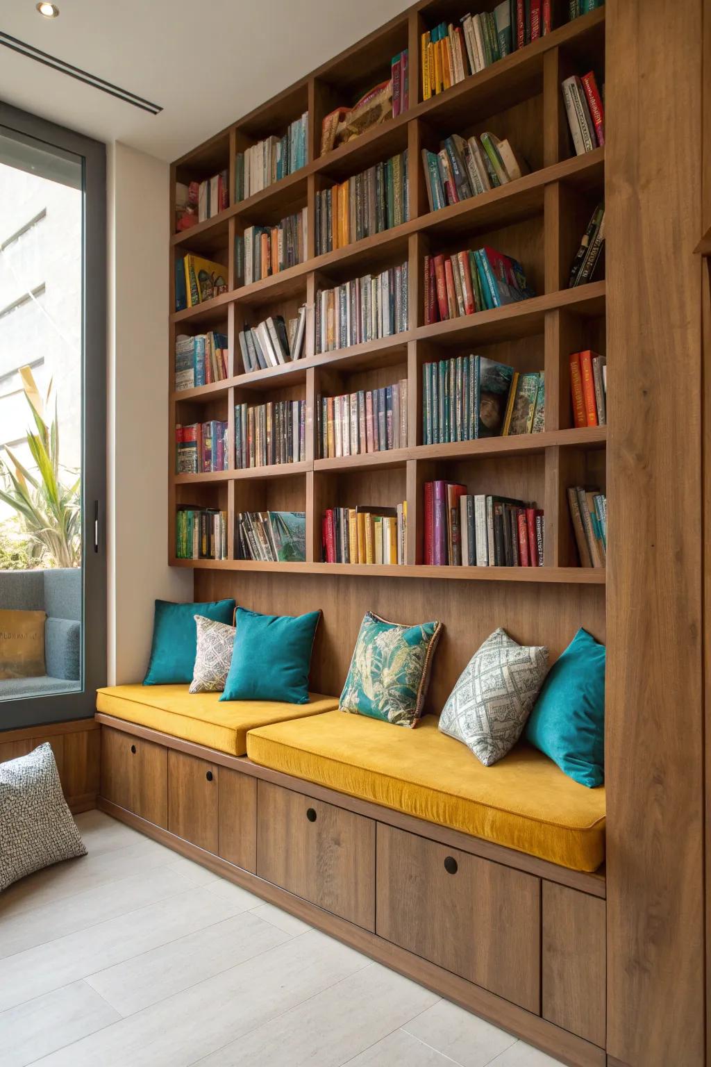 Relax and read in comfort with a cozy bench nestled beneath your library wall, perfect for any book lover.