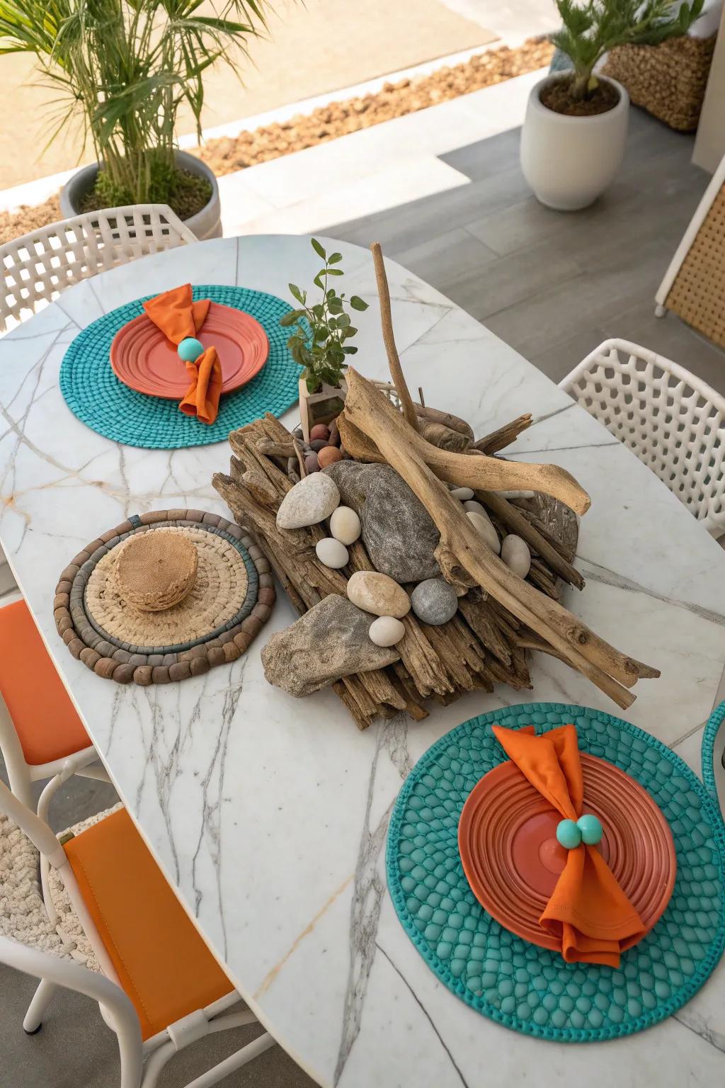 Infuse your space with nature using decor elements like stones or driftwood on your marble table.