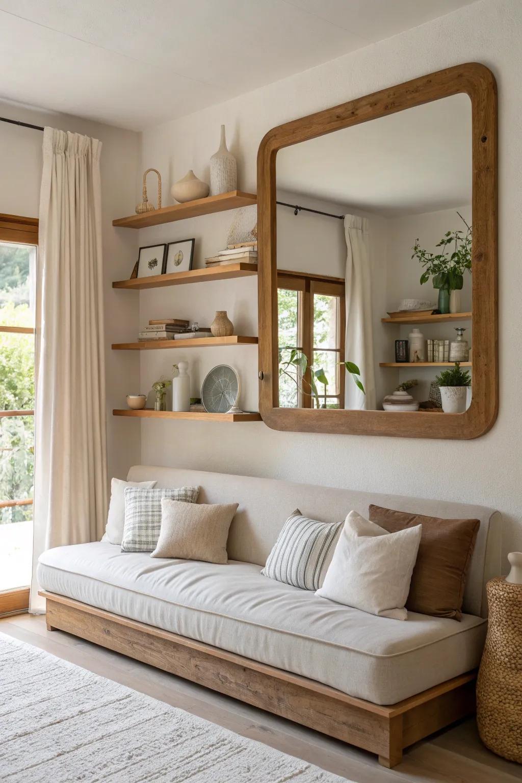 Combine style and function with a mirrored shelf unit above your couch.