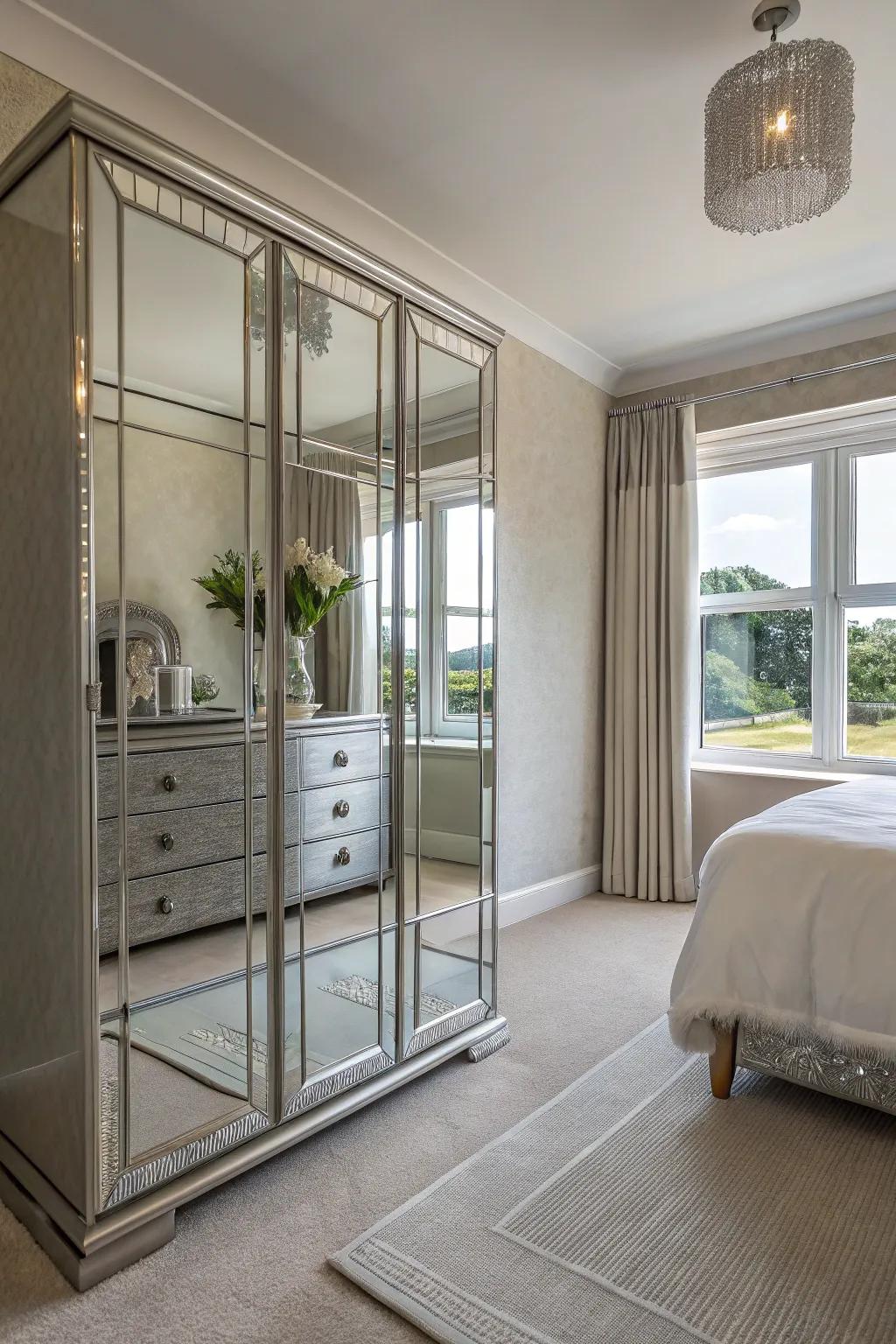 Mirrored panels enhance light and space, creating a brighter, more expansive room.