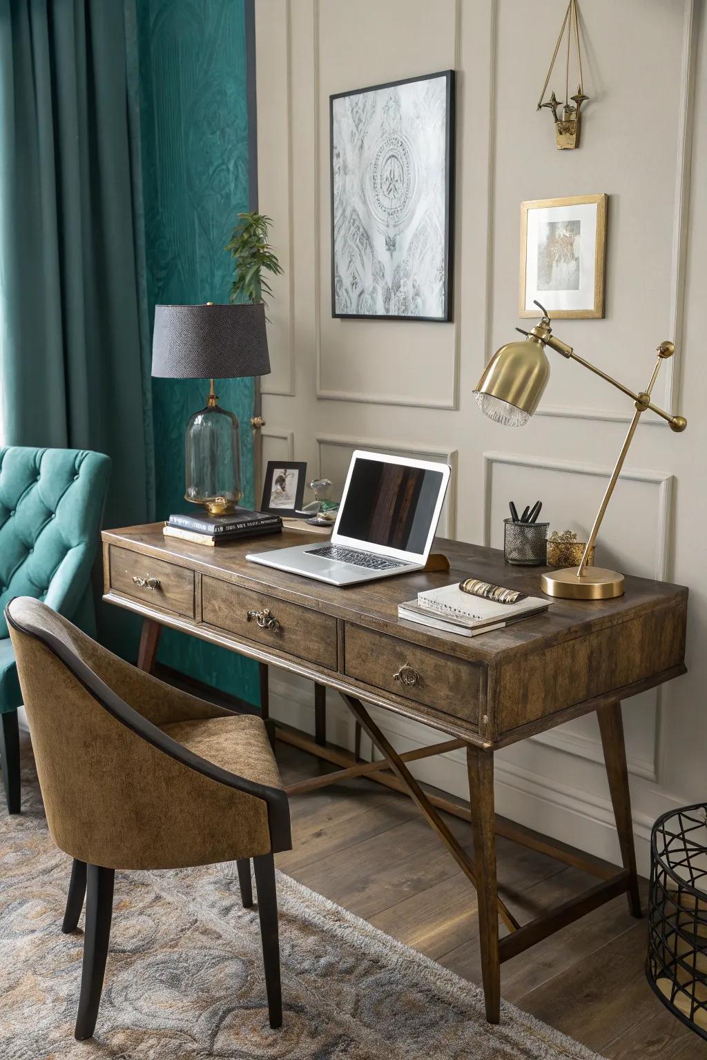 Create a timeless workspace by blending modern design with vintage charm.