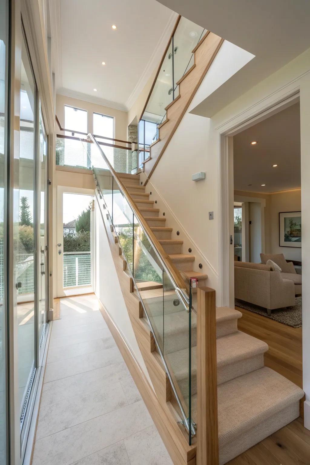 Glass railings maintain openness and add a modern touch to staircases.