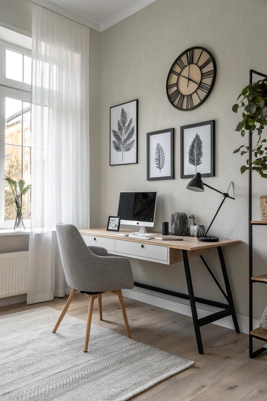 Embrace the elegance of monochrome minimalism for a calming and focused office environment.
