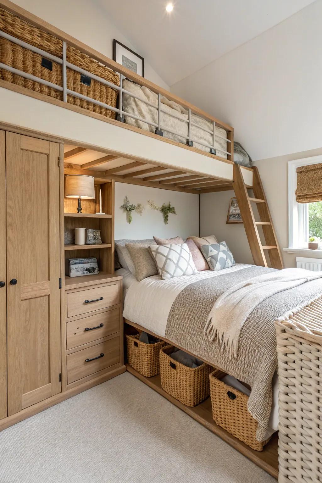 Lofted storage maximizes vertical space without crowding the room. 🏠⬆️ #LoftDesign #SpaceSaving