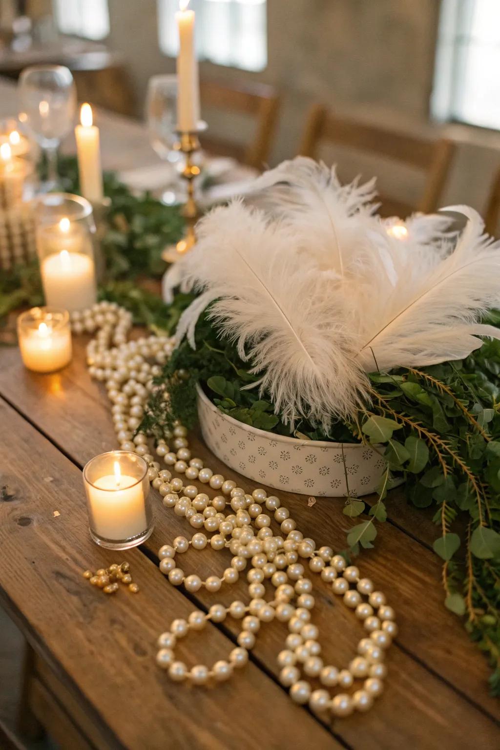 Add a whimsical touch with a fusion of pearls and feathers for an elegant look.